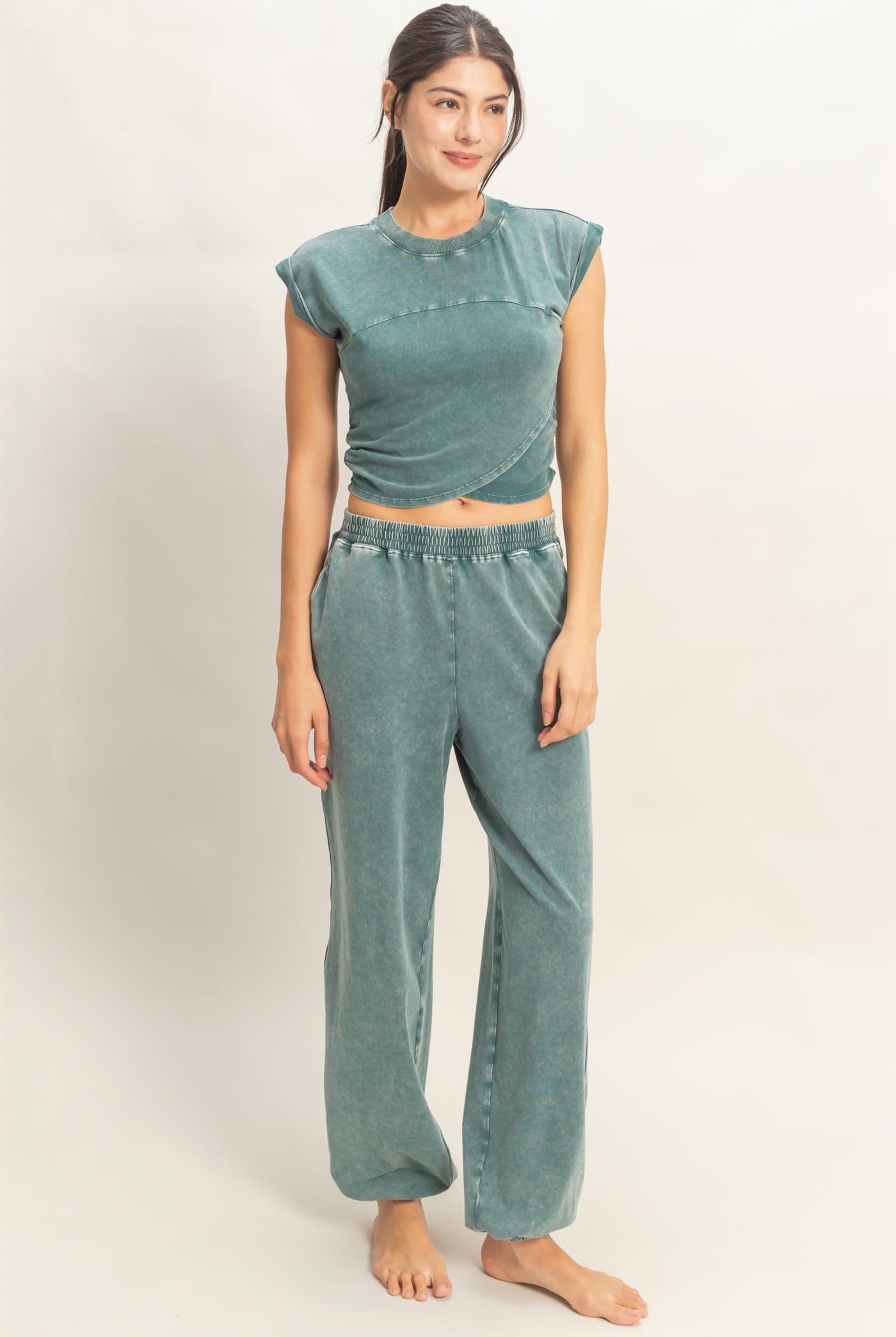 Wholesale Rolled Sleeve Wrap-Front Crop Top And Jogger Set Clothing DZ26A172-SET DARK TEAL DOUBLE ZERO