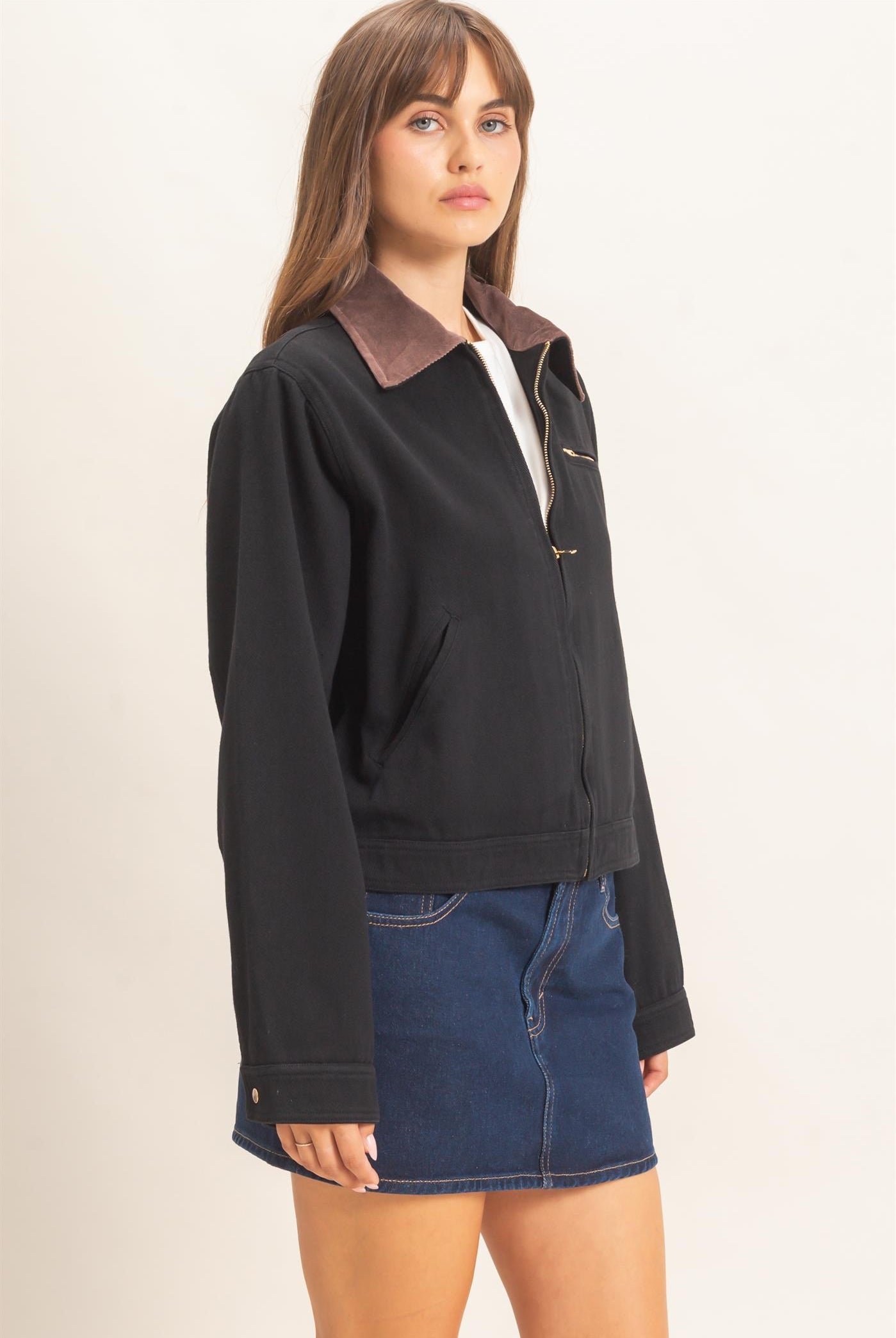 Wholesale Twill Jacket With Corduroy Collar Outerwear HF26E011 BLACK HYFVE