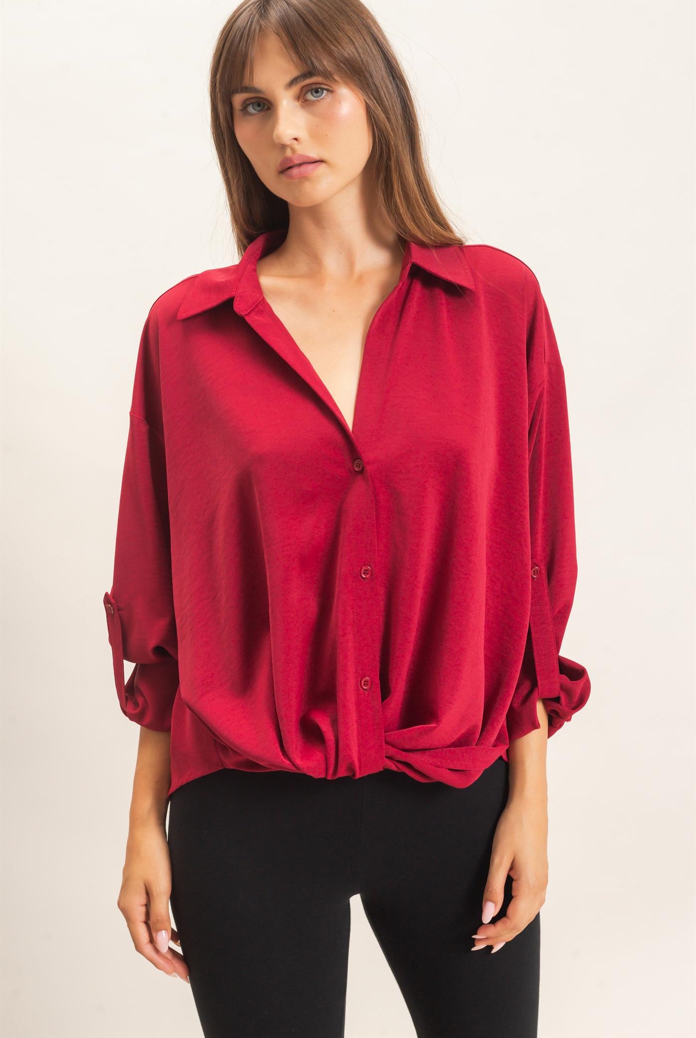Wholesale Button-Up Dolman Sleeve Top Shirts HF26F070 BURGUNDY HYFVE