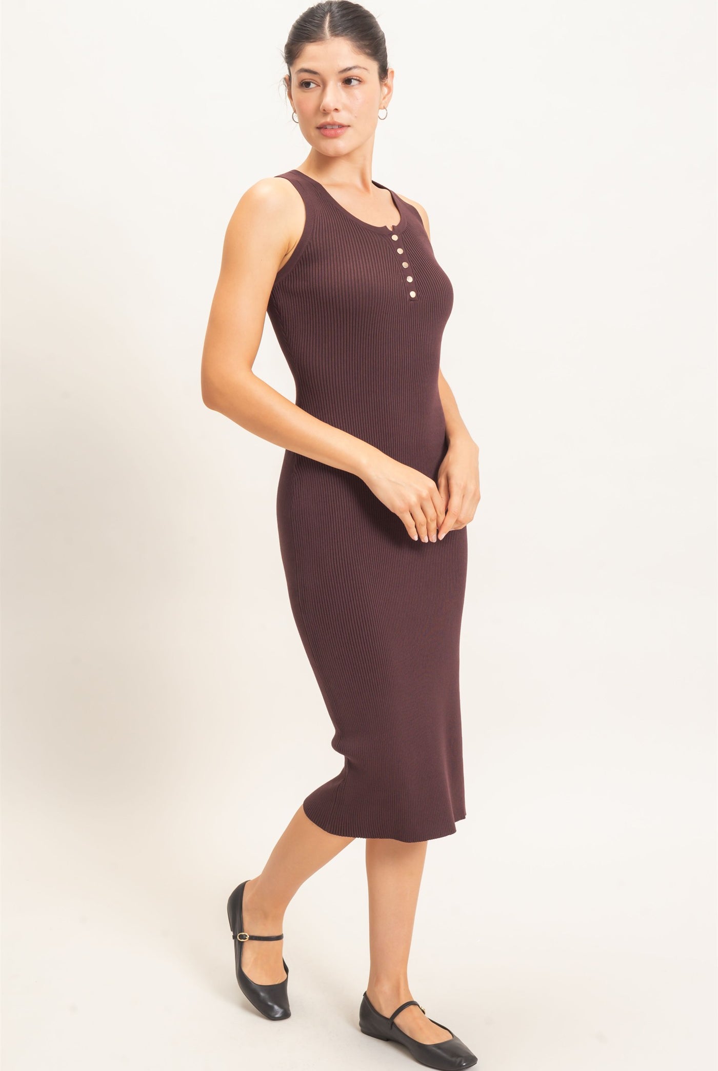 Wholesale Ribbed Button-Front Tank Dress Dresses HF26E218 BROWN HYFVE