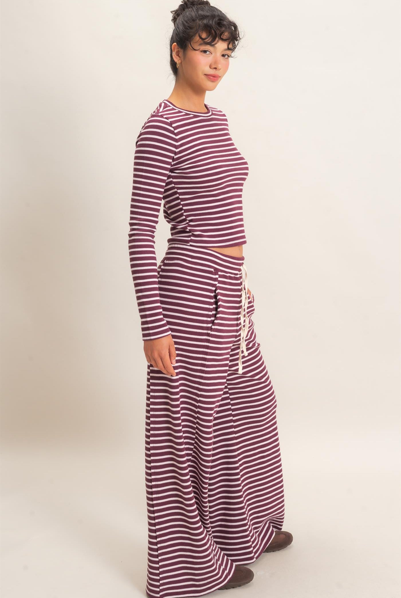 Wholesale Striped Waffle Long Sleeve Top & Pants Set Clothing DZ25F479-SET DARK CHERRY DOUBLE ZERO