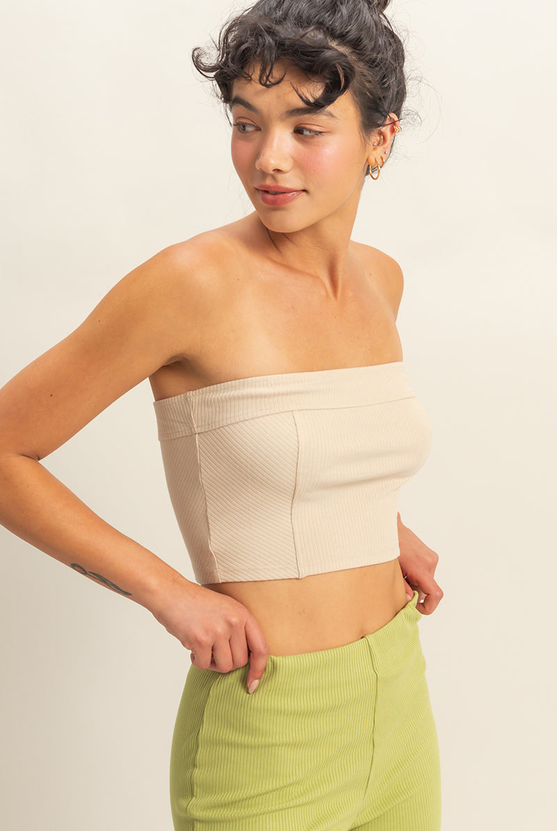 Wholesale Strapless Ribbed Crop Top Clothing Tops DZ23E512 KHAKI DOUBLE ZERO