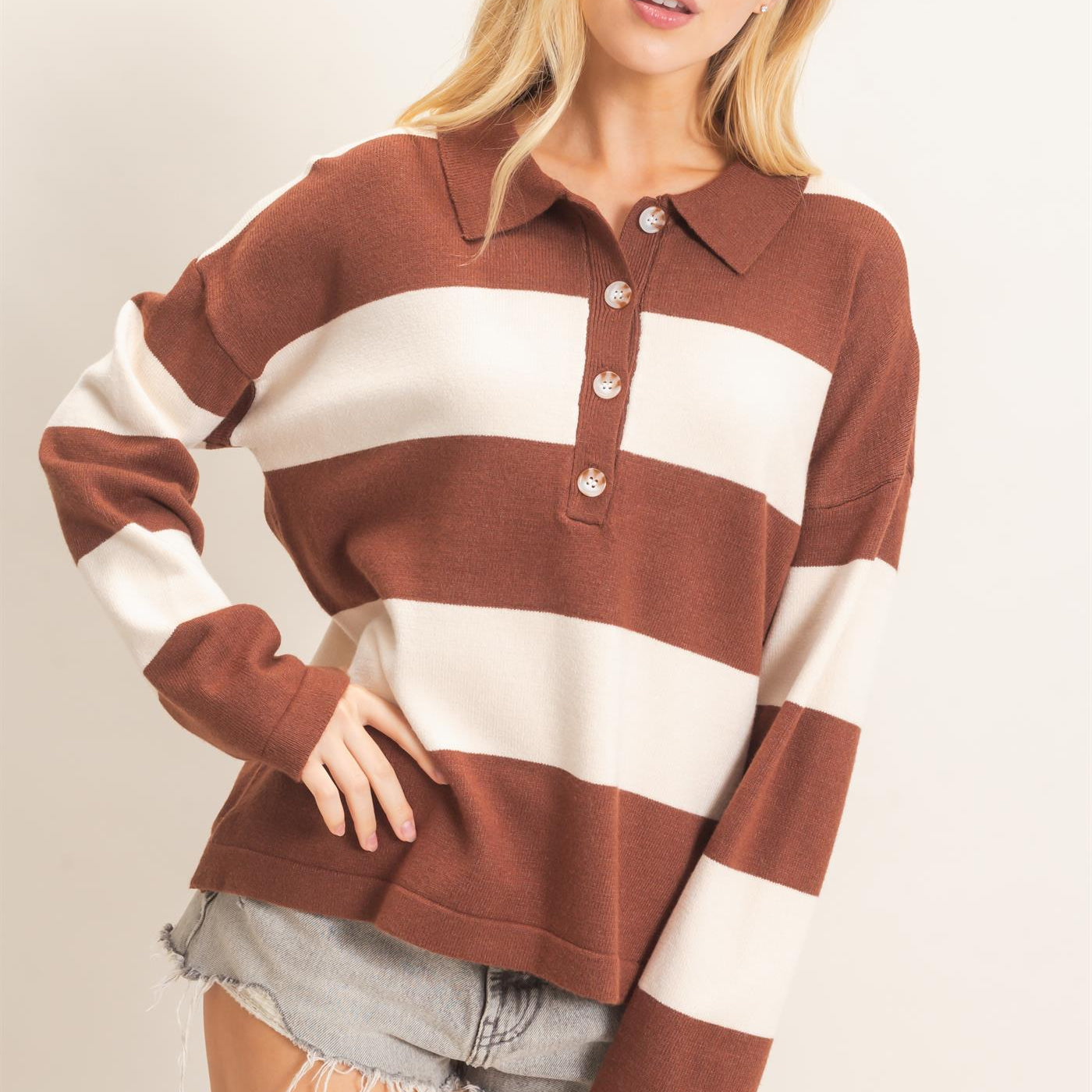 Wholesale Striped Button-Up Sweater Sweaters HF26F198 BROWN HYFVE