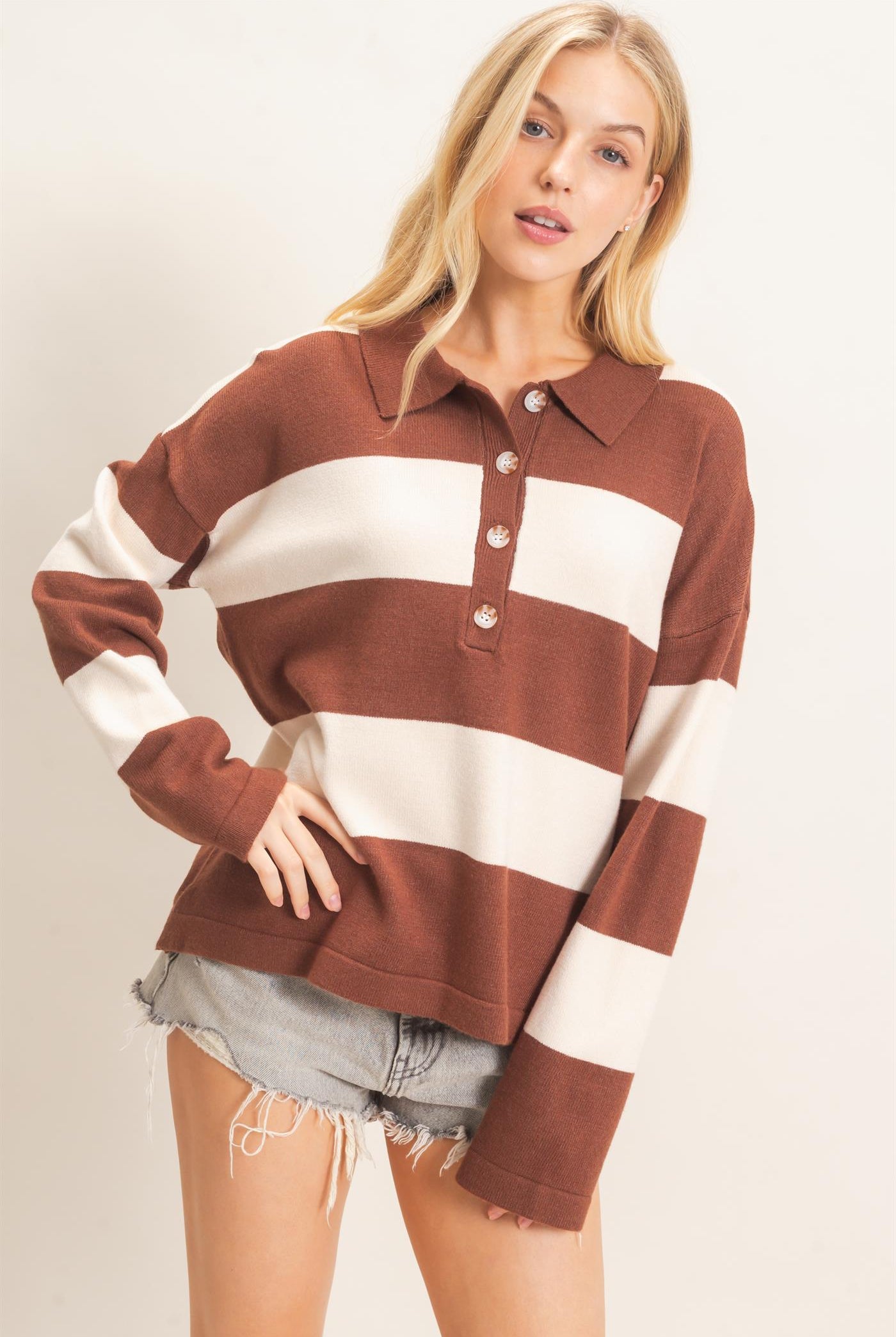 Wholesale Striped Button-Up Sweater Sweaters HF26F198 BROWN HYFVE