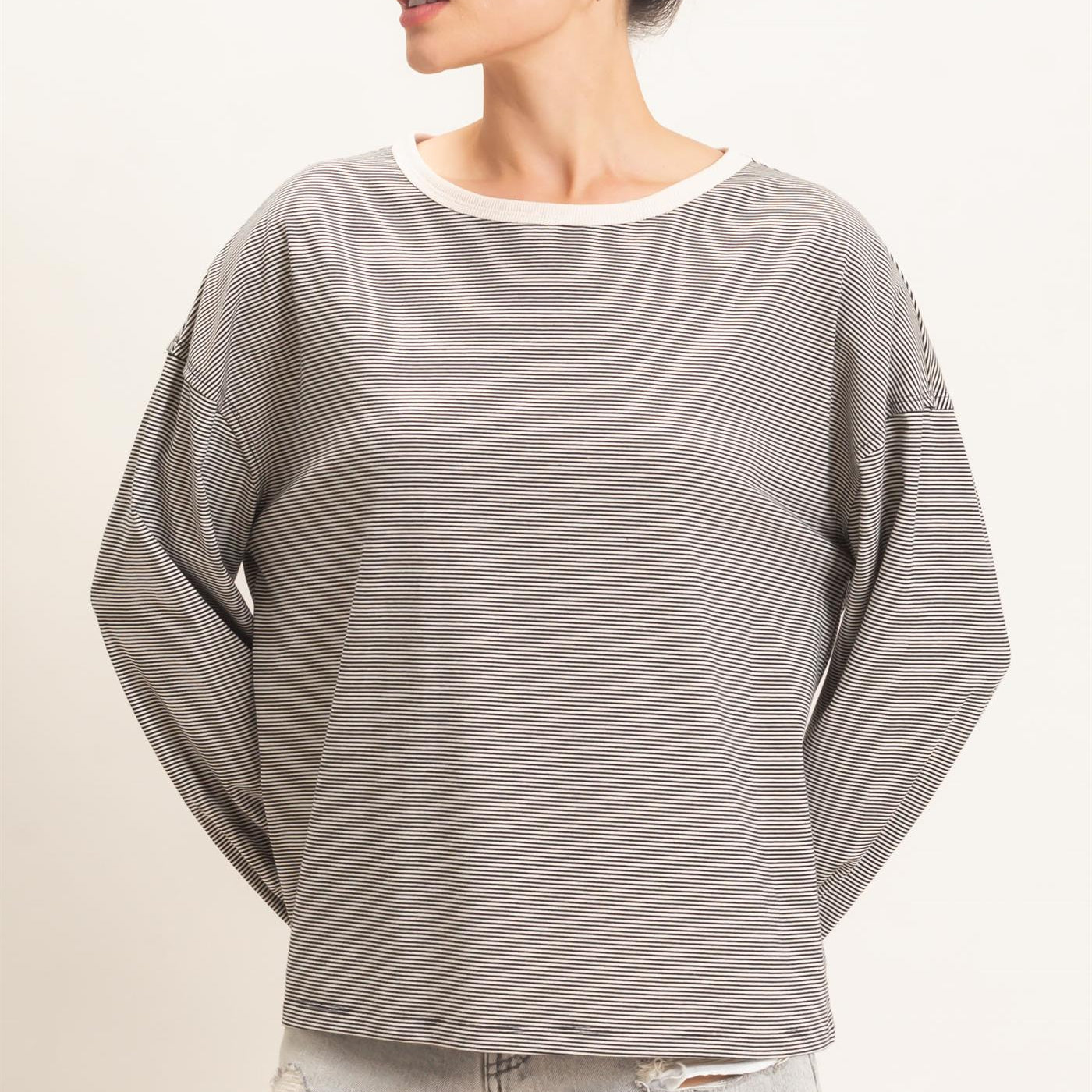 Wholesale Striped Boat Neck Long Sleeve Top Clothing Tops HF26E674 BLACK HYFVE