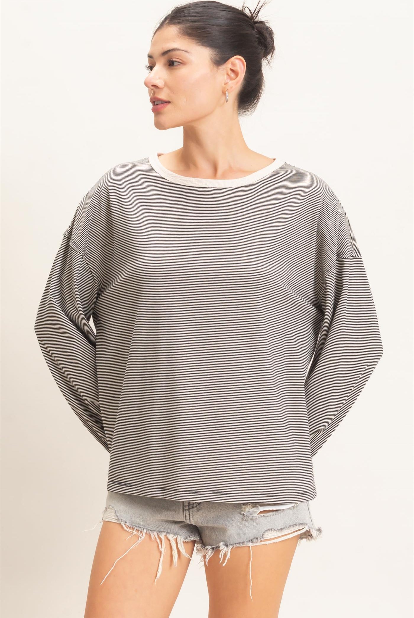 Wholesale Striped Boat Neck Long Sleeve Top Clothing Tops HF26E674 BLACK HYFVE