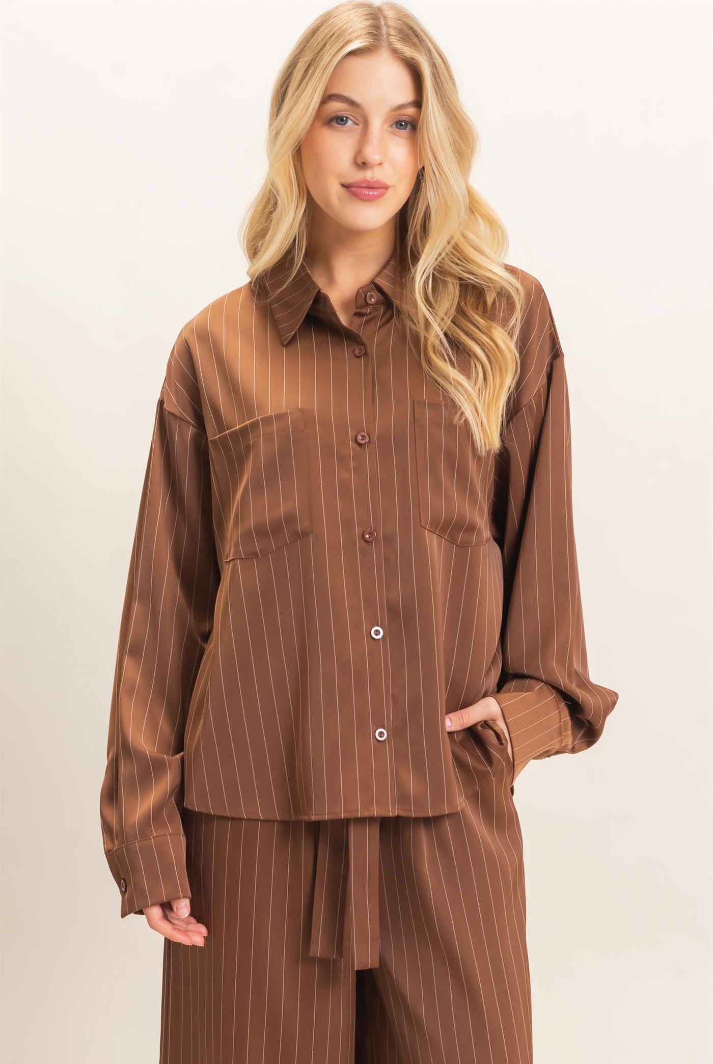 Wholesale Striped Button-Up Blouse Blouses HF26C953 CHOCOLATE HYFVE