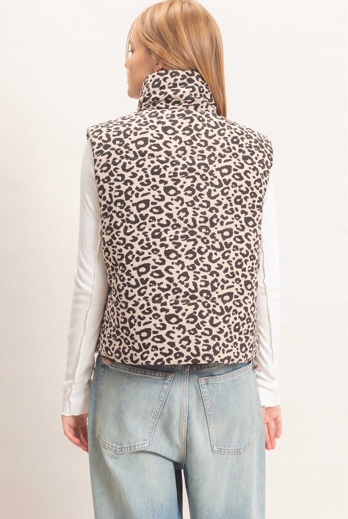 Wholesale Leopard Quilted Zip Up Puffer Vest Outerwear HF26F205 KHAKI HYFVE