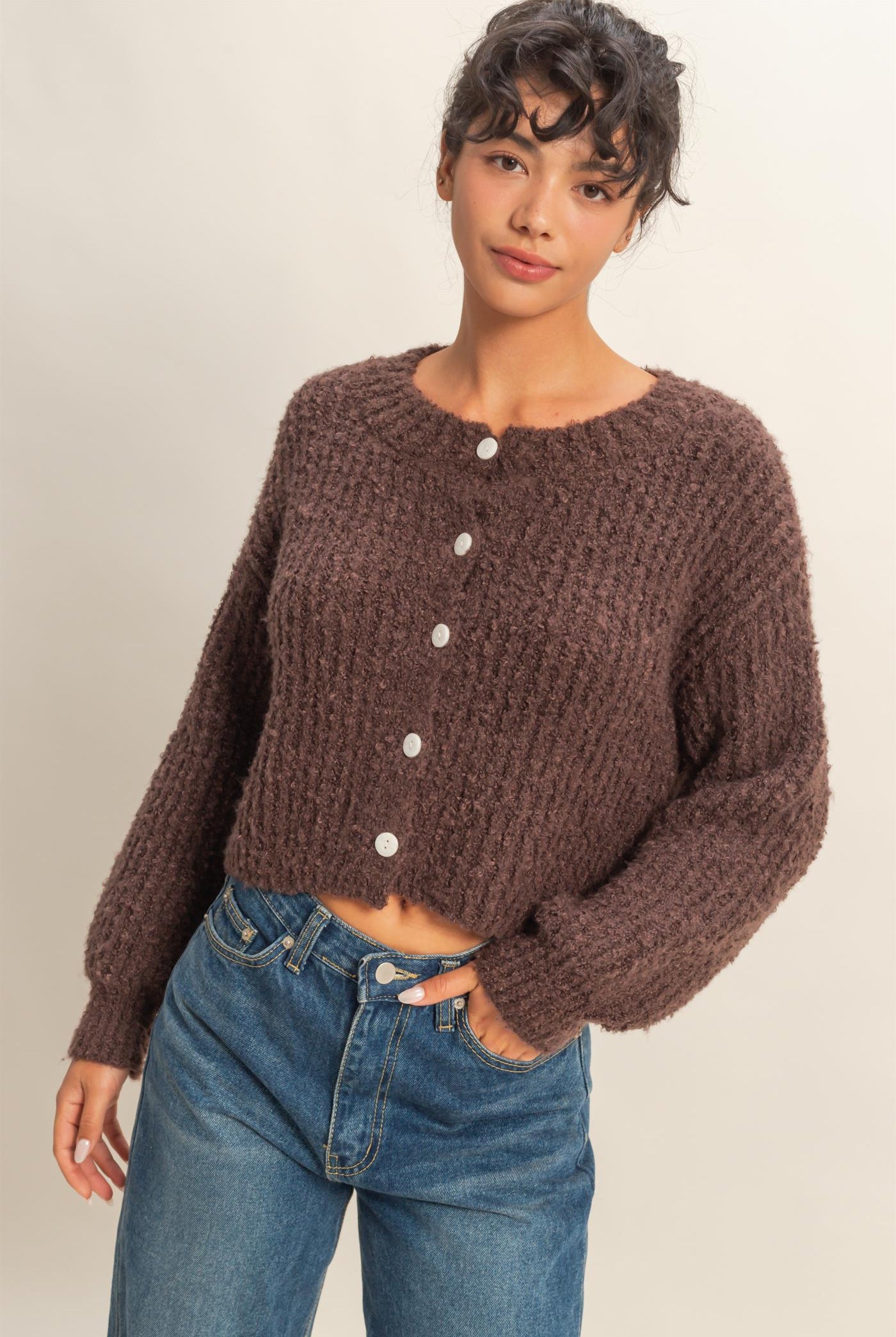 Wholesale Fluffy Knit Button-Up Cardigan Sweater Cardigans DZ25E592 CHESTNUT DOUBLE ZERO