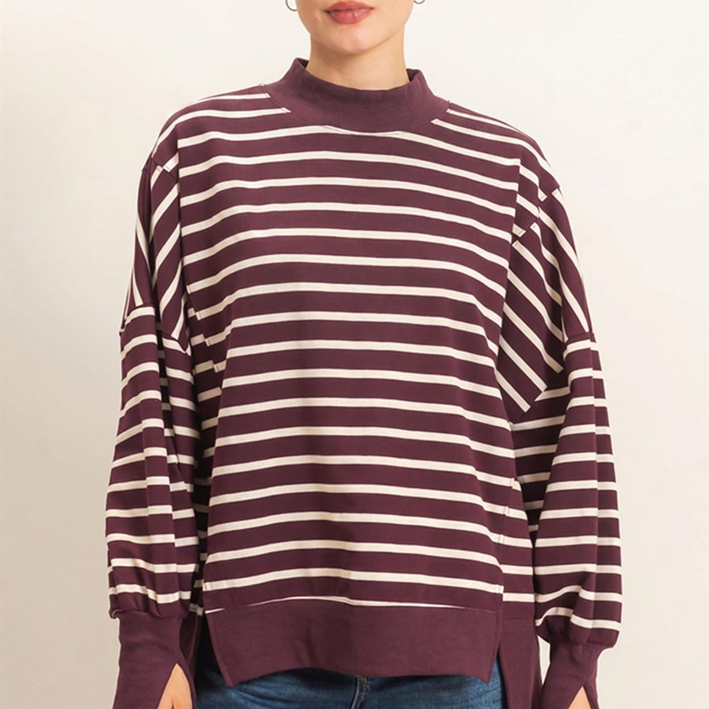 Wholesale Striped Mock Neck Sweatshirt Sweatshirts HF27A178-D RASPBERRY/ECRU HYFVE