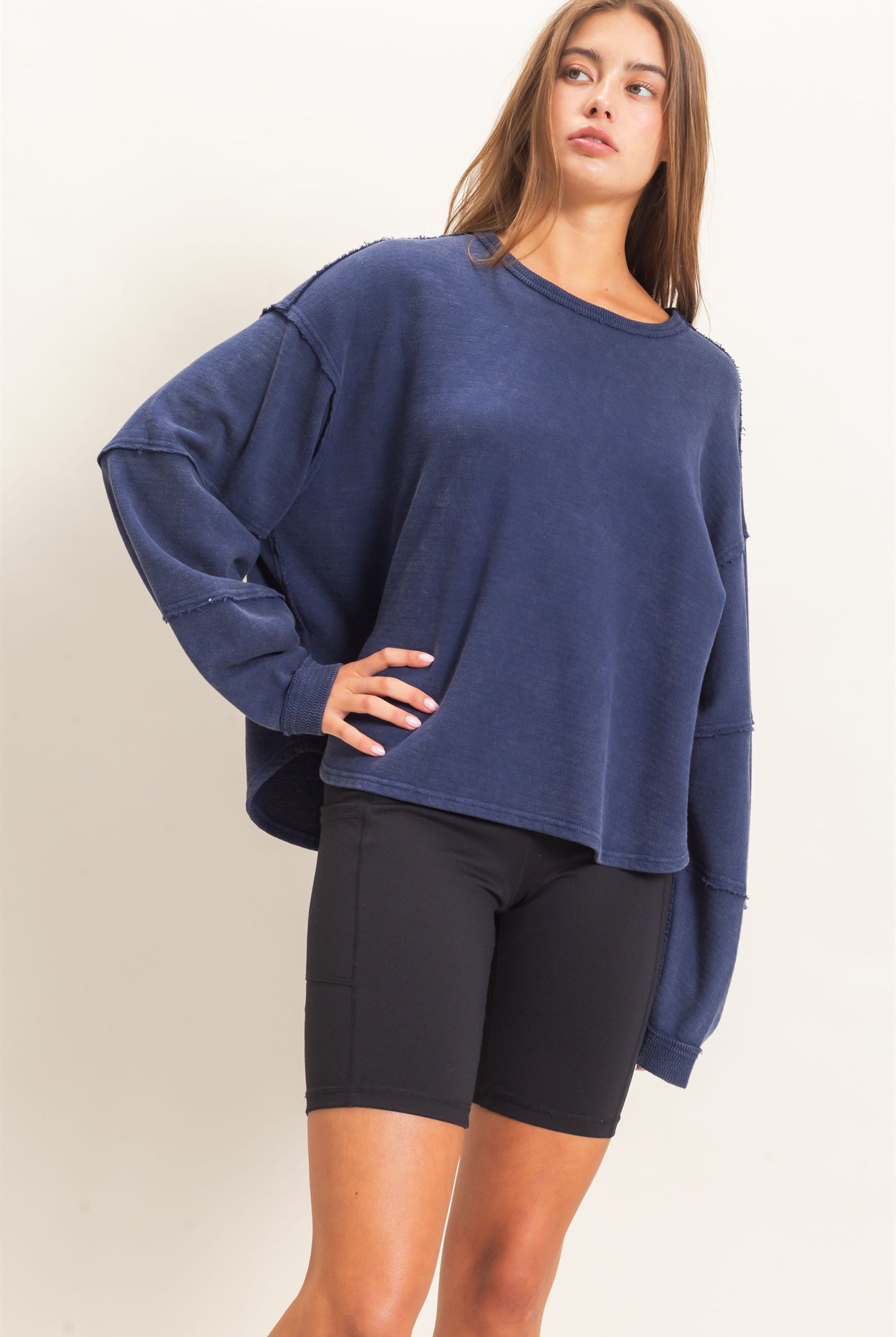 Wholesale Mineral Wash Overzised Raw Edge Crew Neck Top Clothing Tops DZ26E449 NAVY DOUBLE ZERO