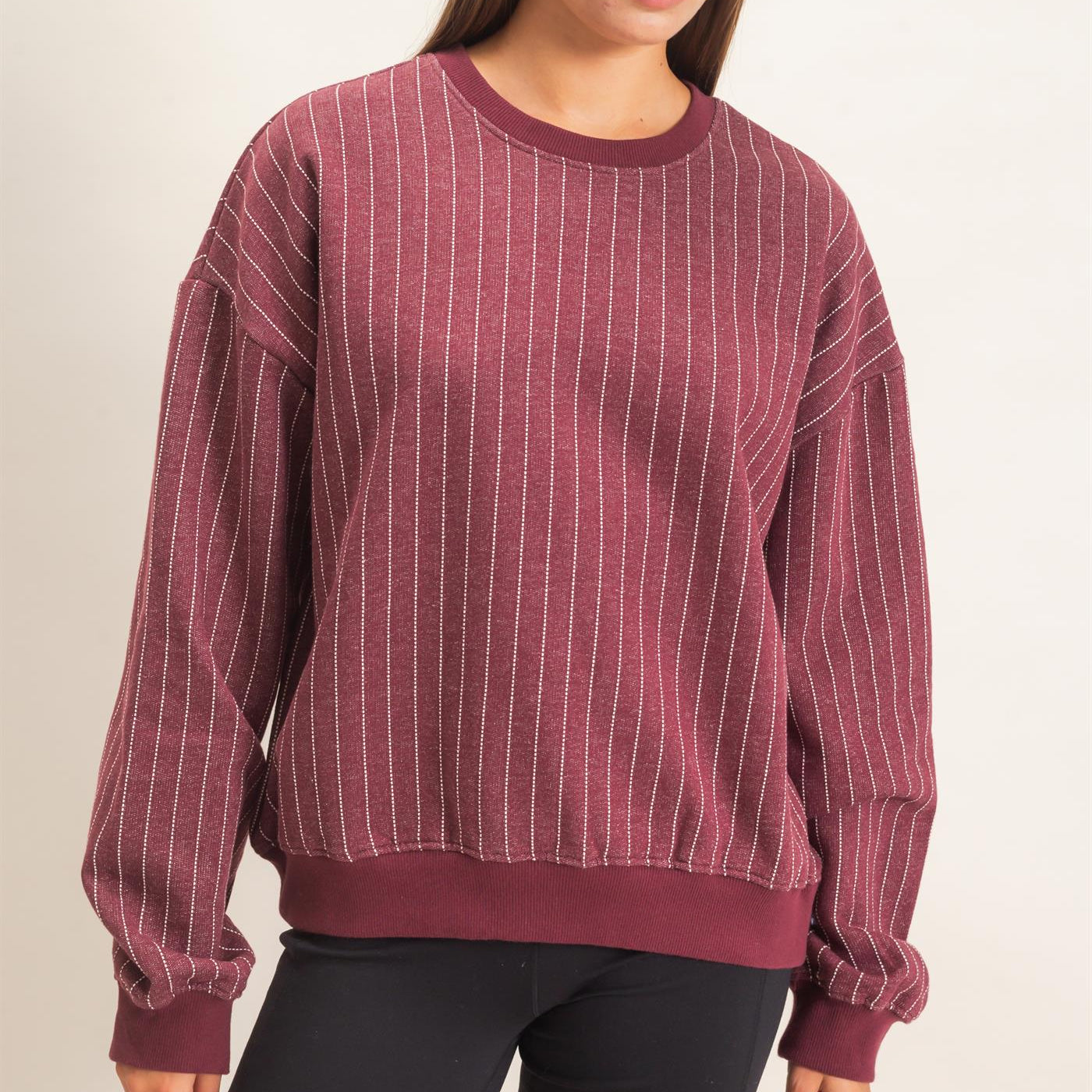 Wholesale Pinstripe Crew Neck Sweatshirt Sweatshirts DZ26E627 DARK CHERRY DOUBLE ZERO