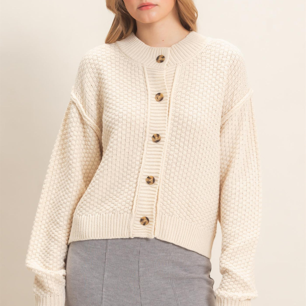 Wholesale Textured Knit Button-Front Cardigan Cardigans HF26C409 IVORY HYFVE