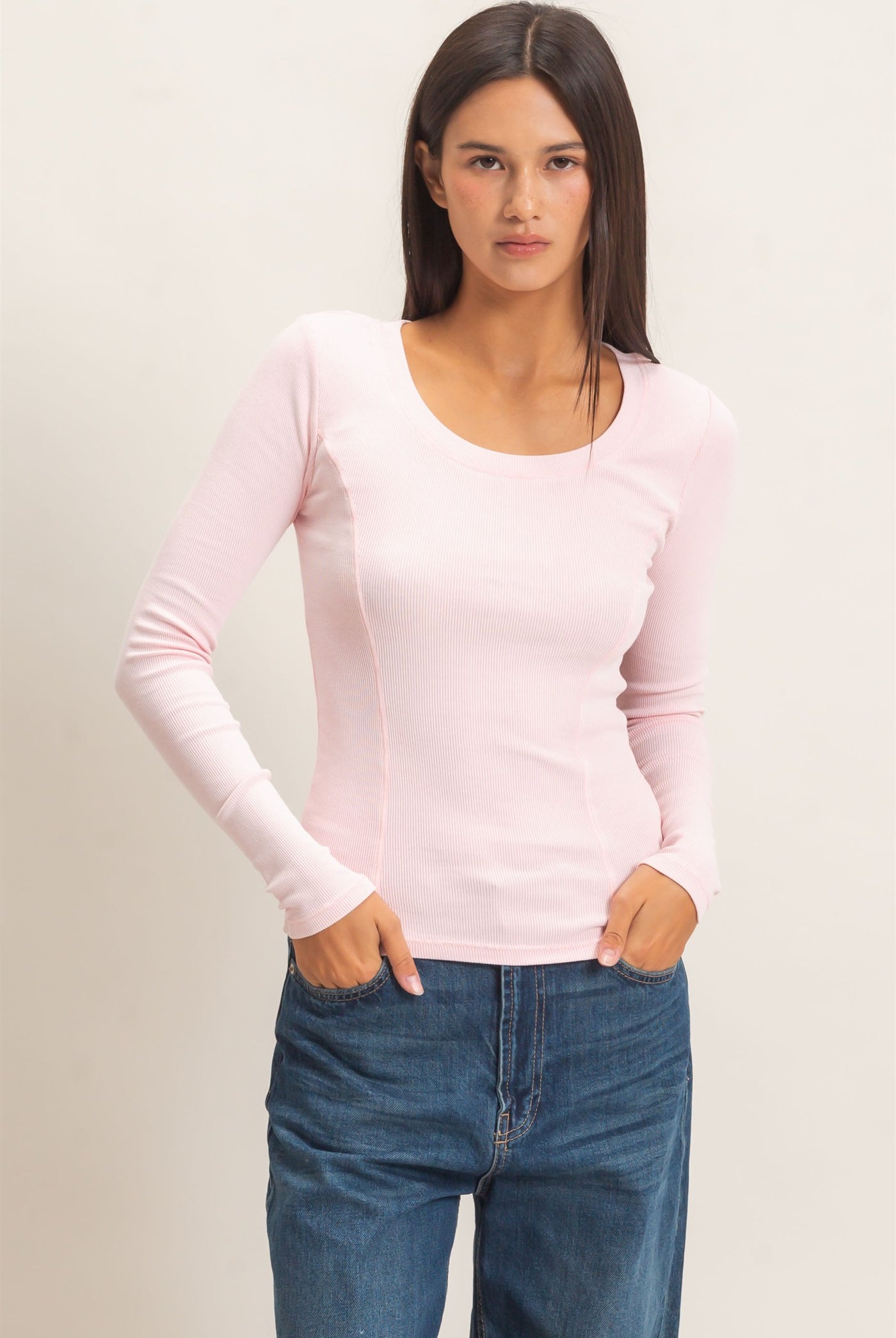 Wholesale Pigment Dye Seam Detail Scoop Neck Top Clothing Tops DZ26E242 LIGHT PINK DOUBLE ZERO