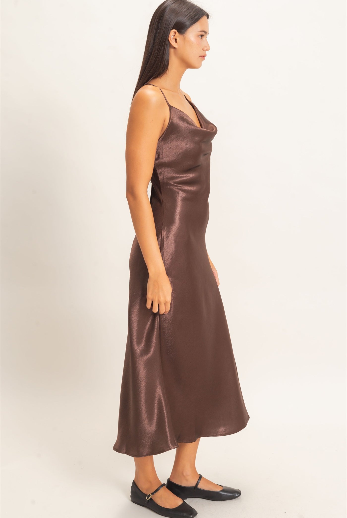 Wholesale Cowl Neck Satin Slip Dress Dresses DZ26E251 DARK BROWN DOUBLE ZERO