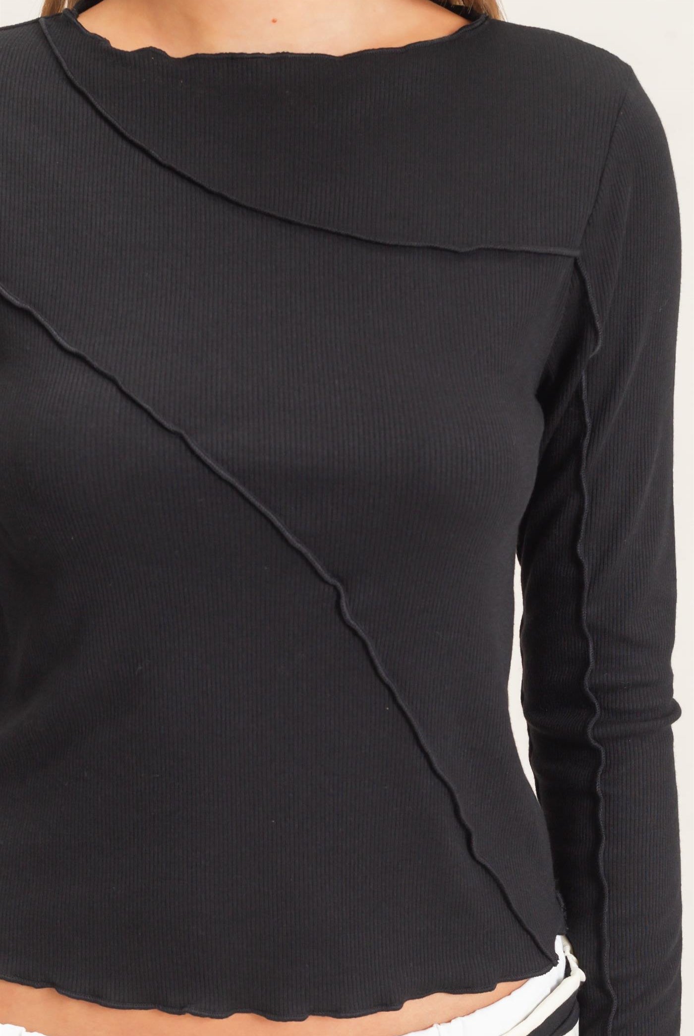 Wholesale Ruffled Ribbed Long Sleeve Top Clothing Tops HF26F085 BLACK HYFVE