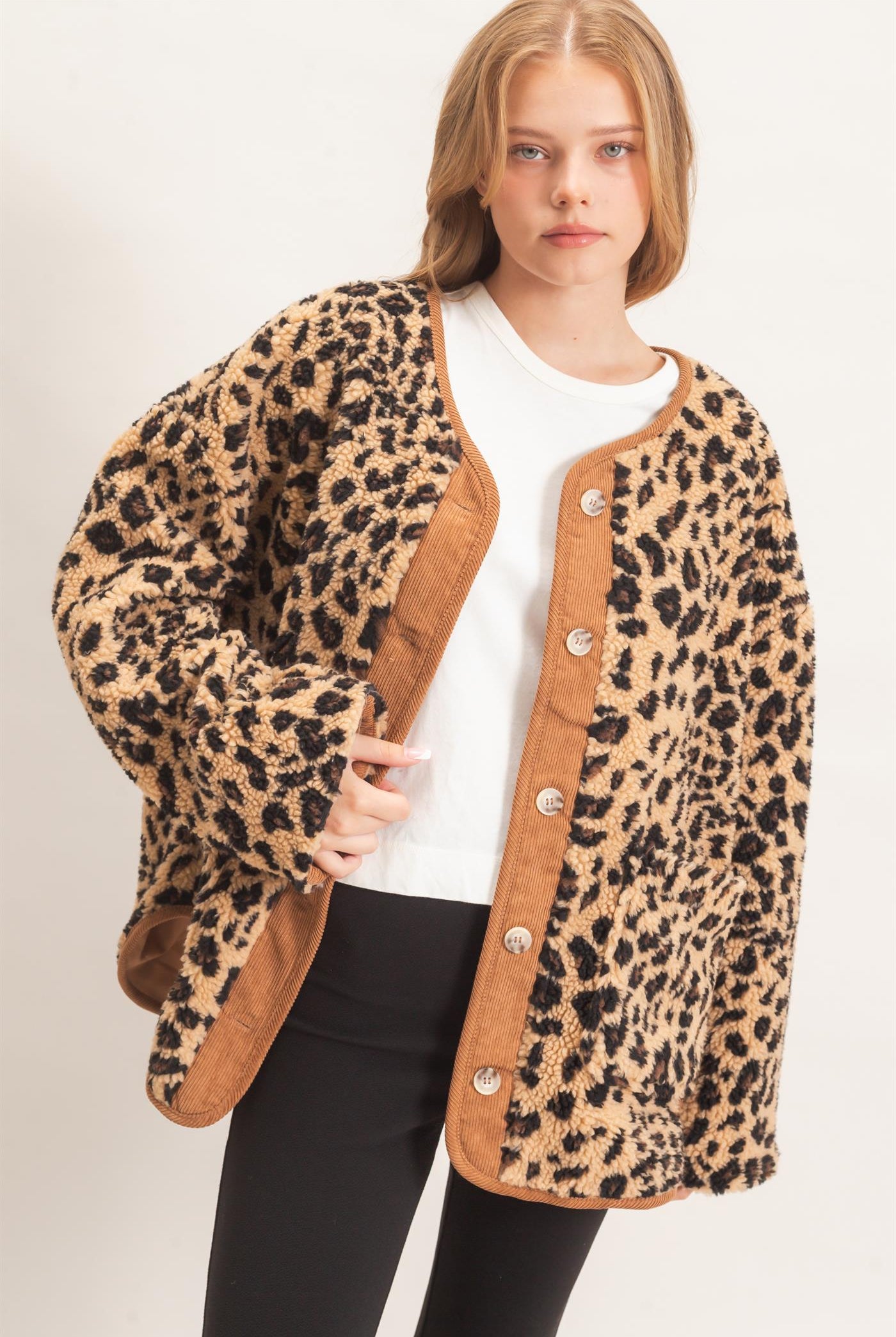 Wholesale Leopard Faux Fur Jacket With Contrast Trim Coats & Jackets HF26F162 TAUPE COMBO HYFVE