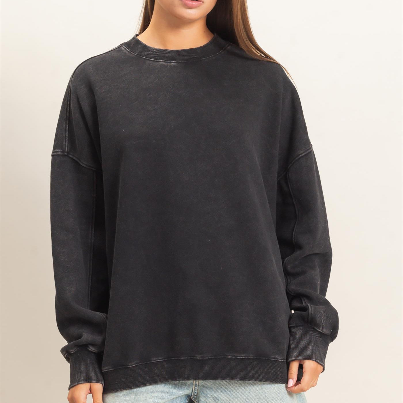 Wholesale Acid Wash Crew Neck Long Sleeve Sweatshirt Sweatshirts DZ26E268 BLACK DOUBLE ZERO