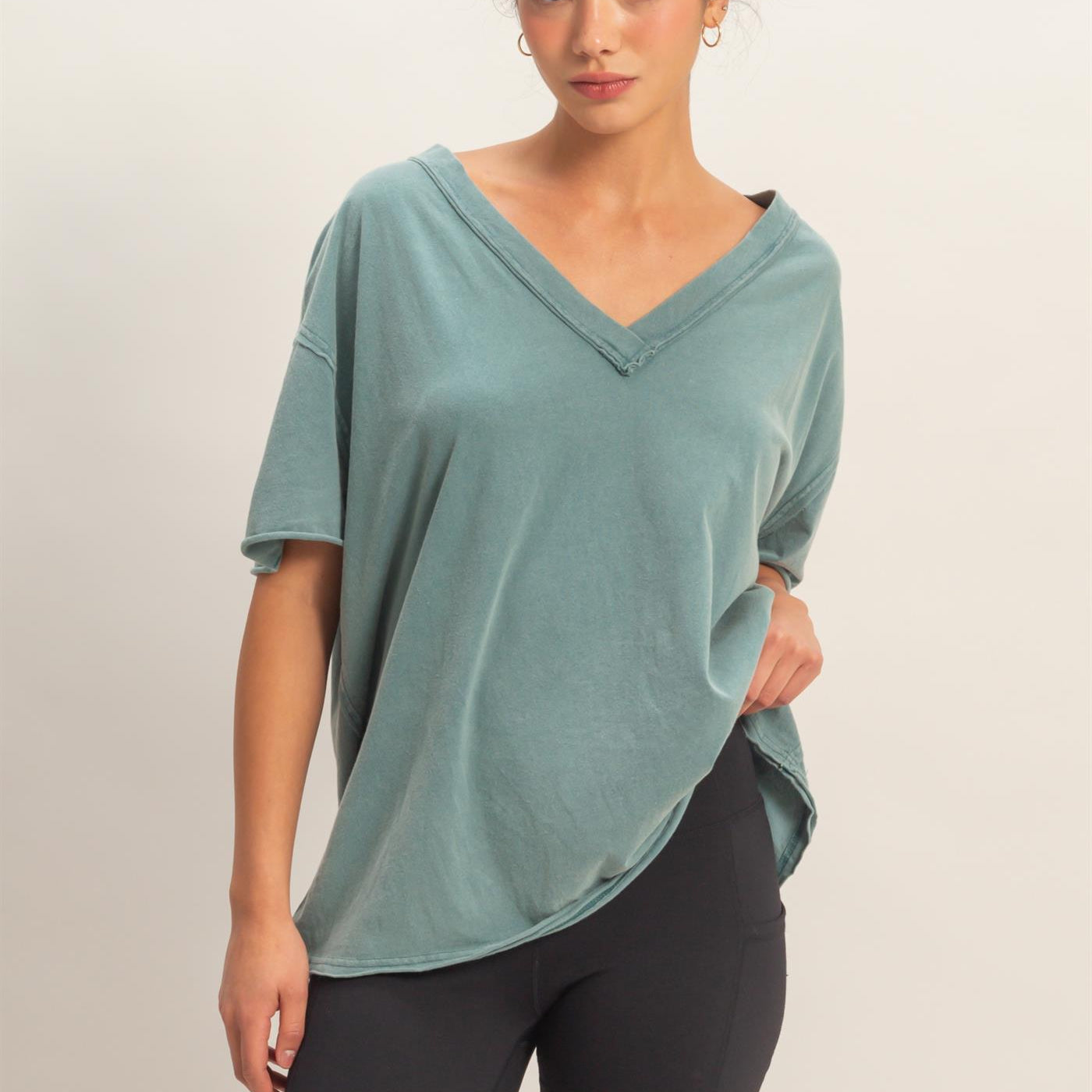 Wholesale Washed V-Neck Oversized Tee Clothing Tops DZ26A760 DARK TEAL DOUBLE ZERO