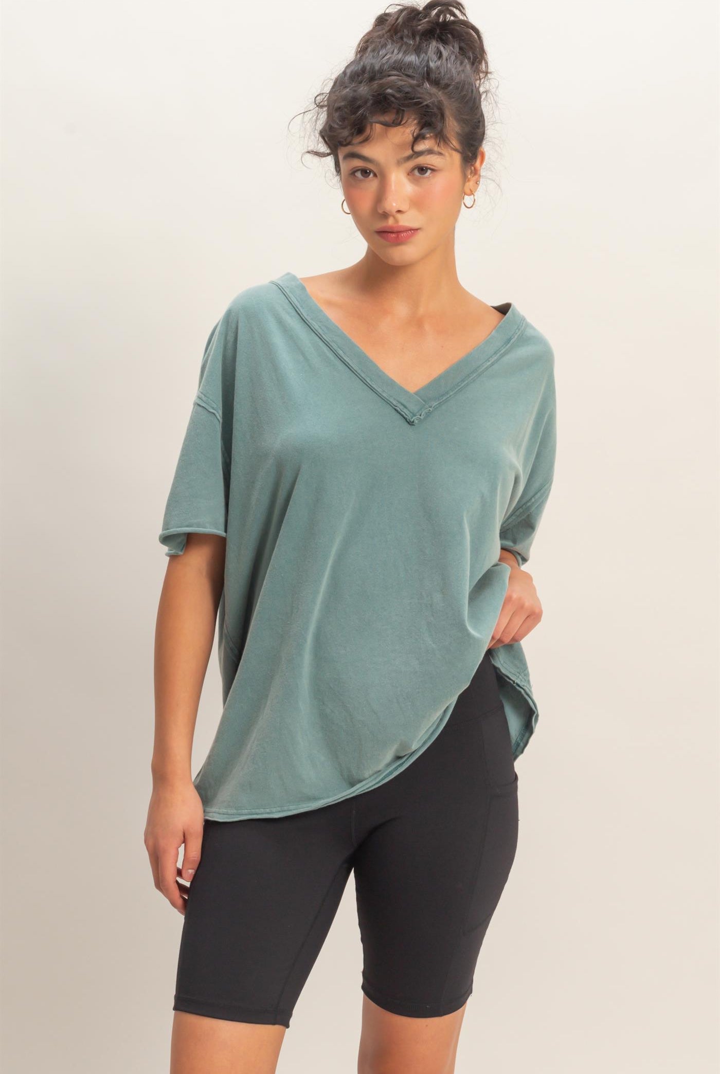 Wholesale Washed V-Neck Oversized Tee Clothing Tops DZ26A760 DARK TEAL DOUBLE ZERO