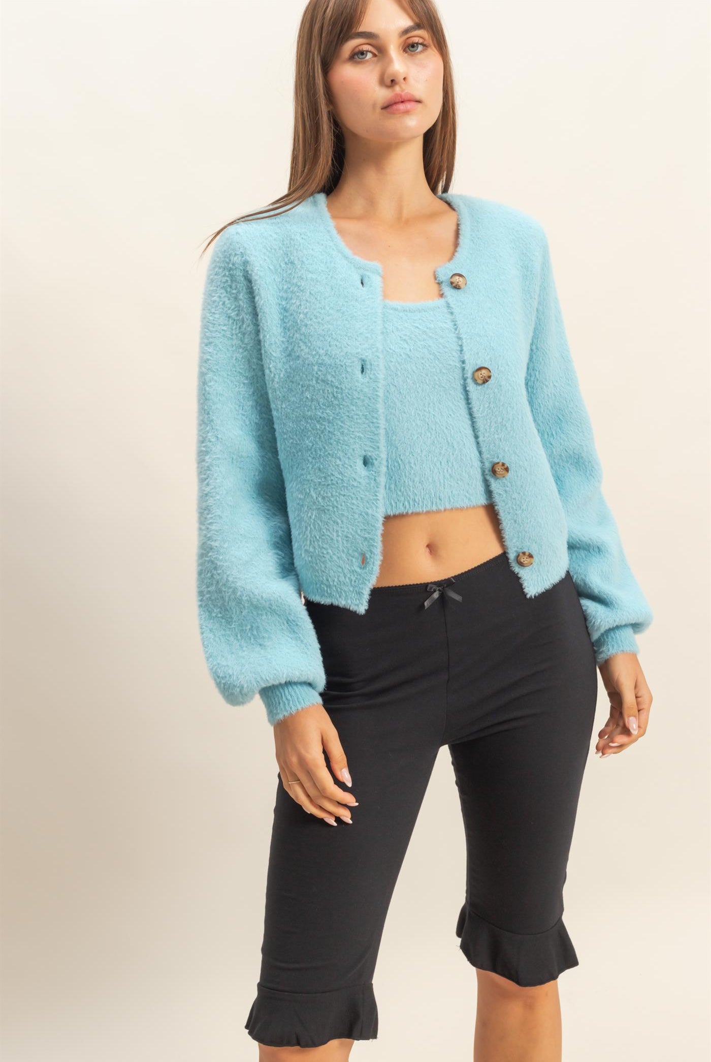 Wholesale Knit Top And Cardigan 2 Pieces Set Clothing Tops HF23F918-SET TEAL BLUE HYFVE
