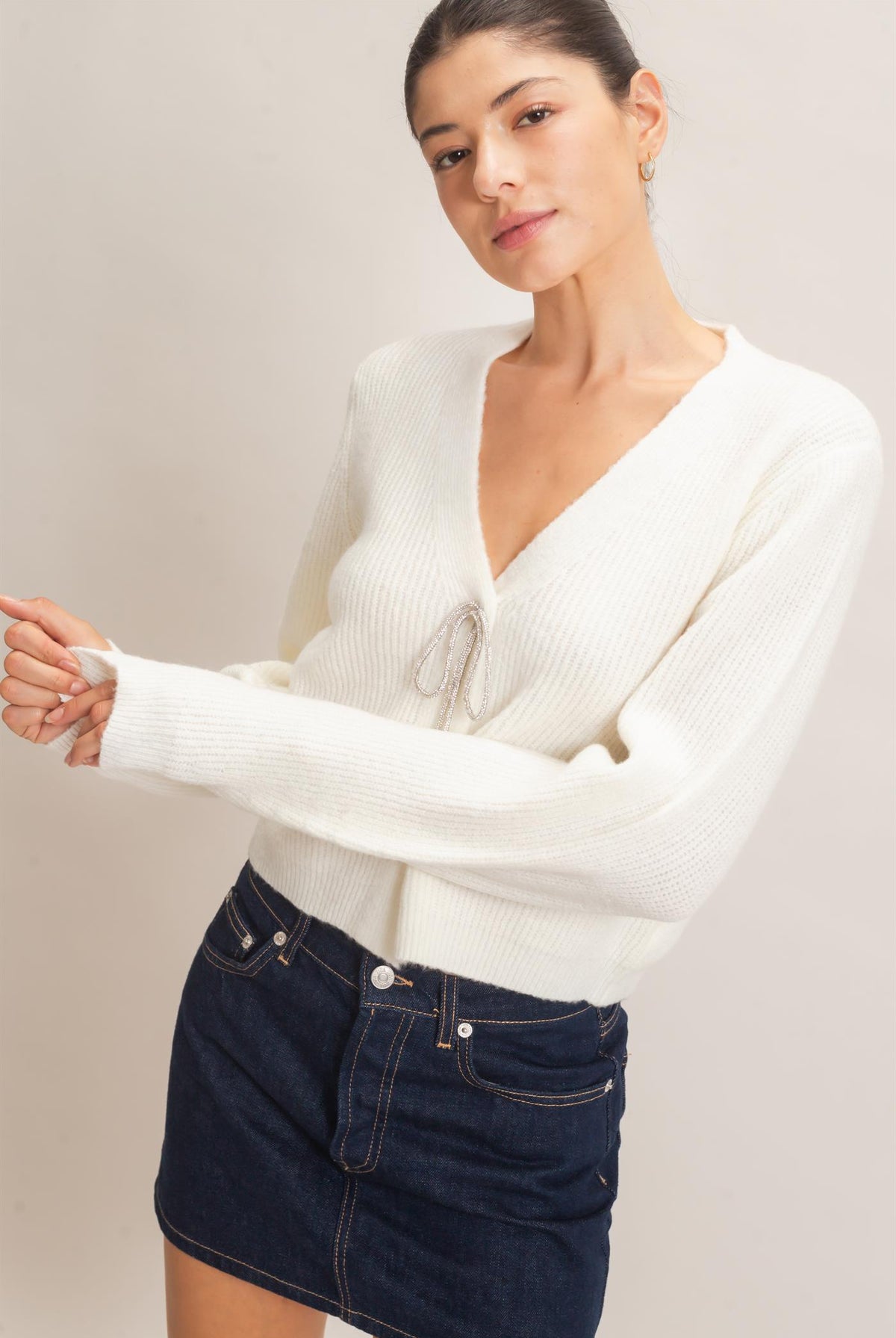 Wholesale Rhinestone Bow Tie-Front Sweater Cardigans HF26F183-D CREAM HYFVE