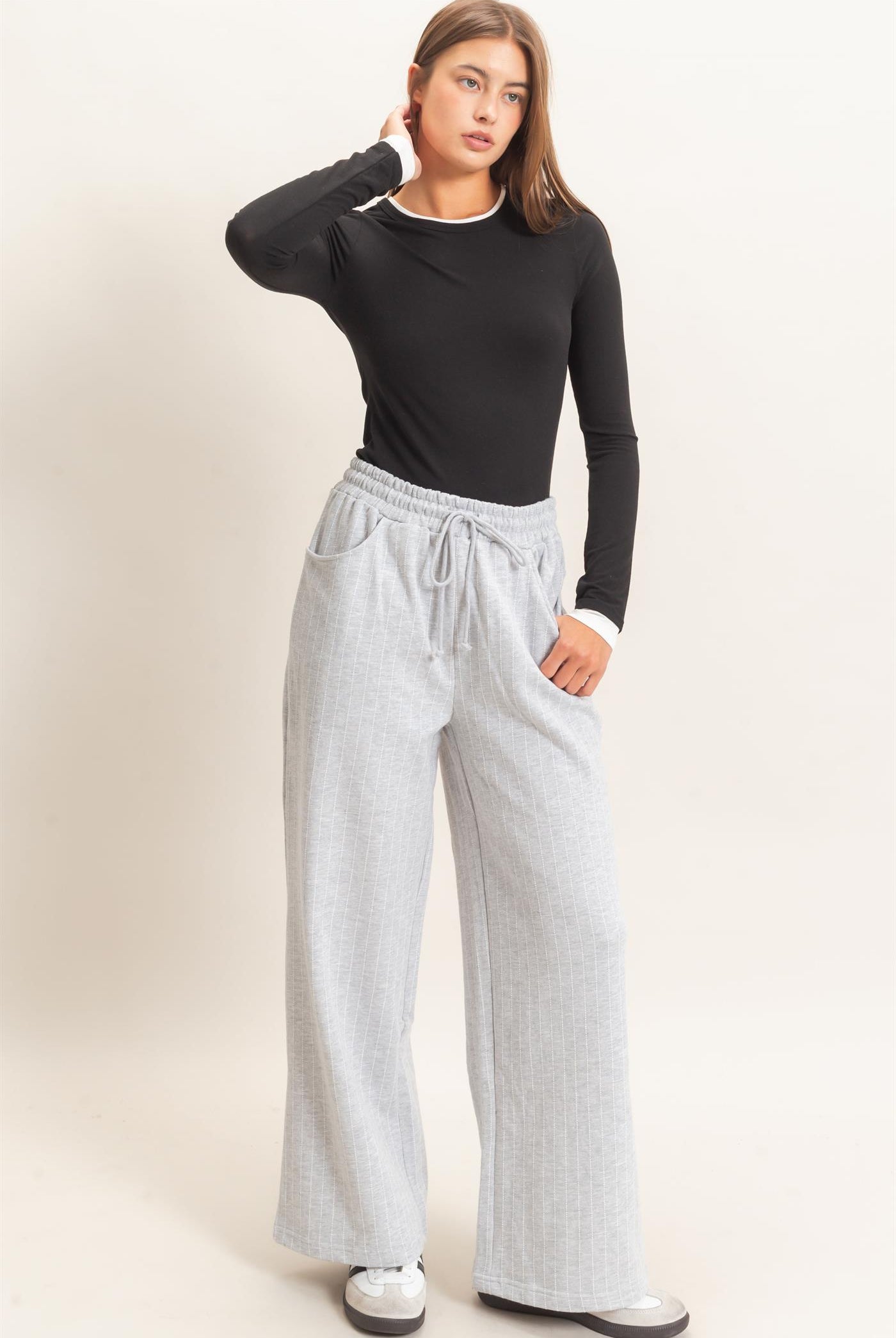 Wholesale Pinstripe Elastic Waist Sweatpants Pants DZ26A813 HEATHER GRAY DOUBLE ZERO