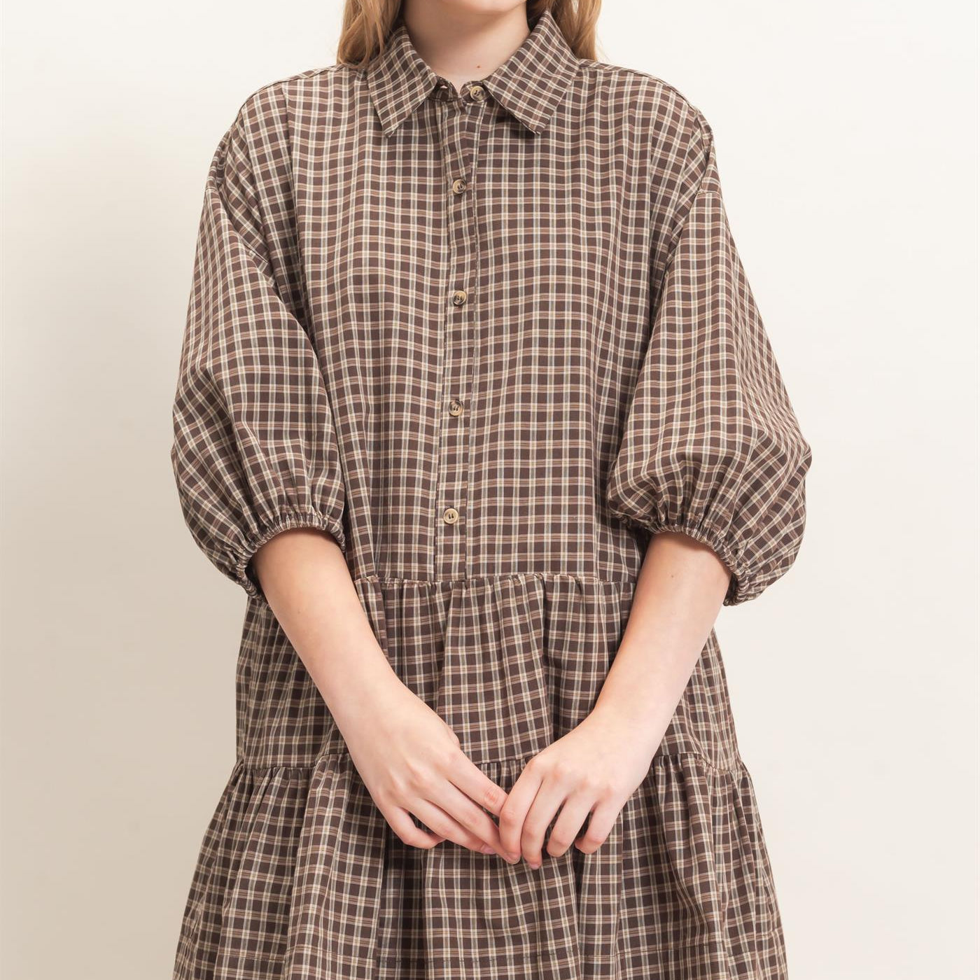 Wholesale Plaid Button-Down Tiered Dress Dresses HF26E795 BROWN HYFVE
