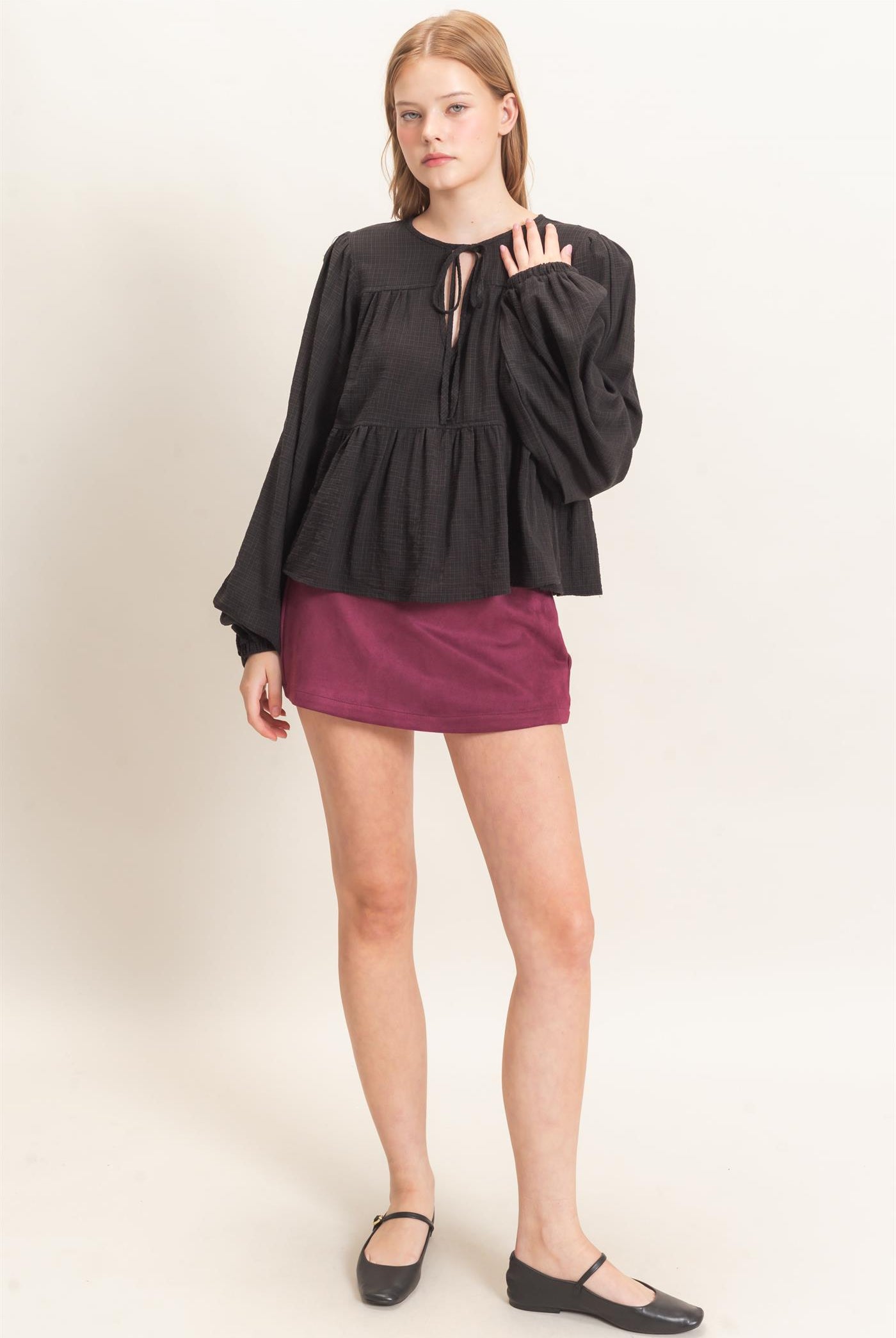 Wholesale Tie Front Peplum Blouse Blouses HF26F065 BLACK HYFVE