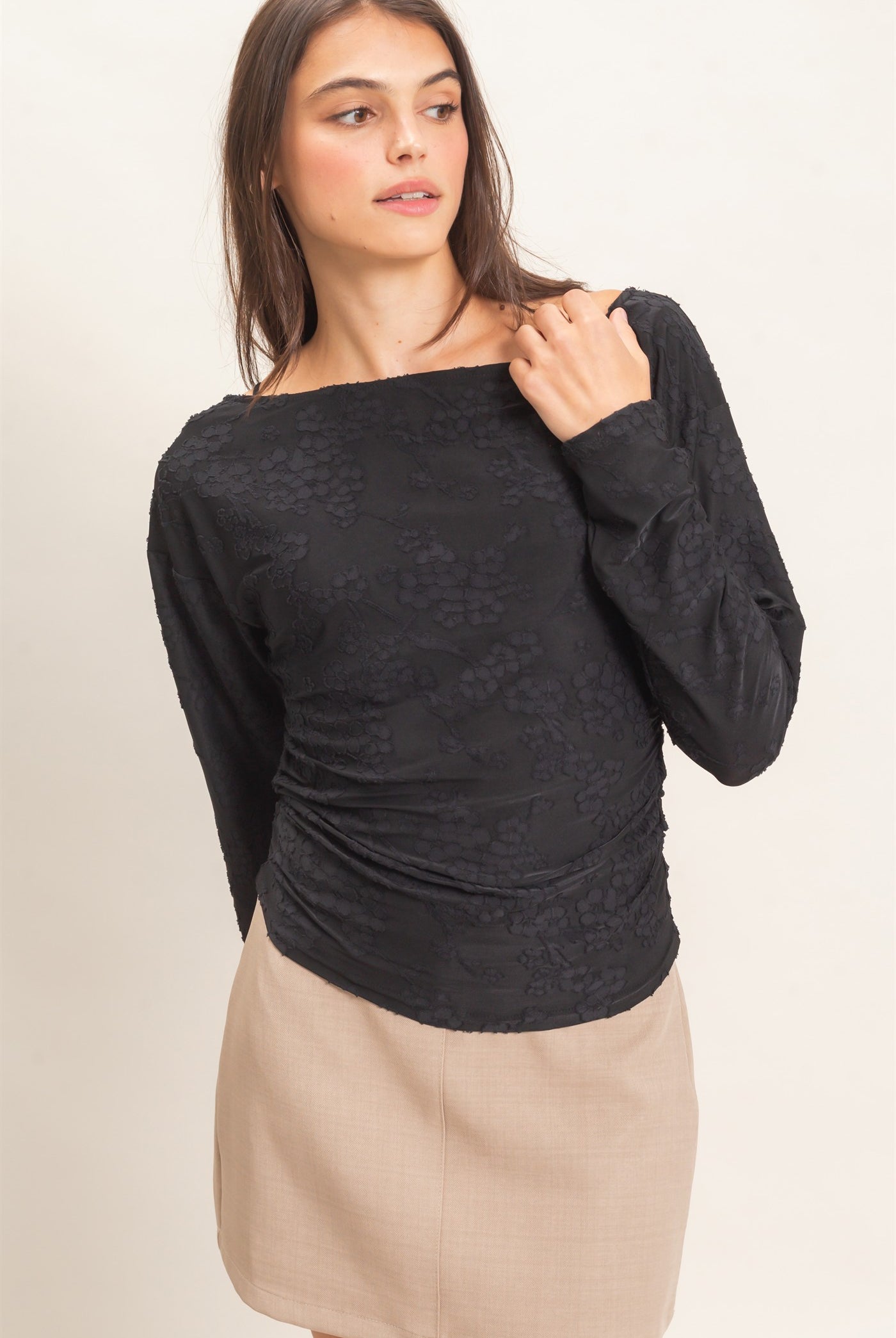 Wholesale Sheer Lace Boat Neck Top Blouses HF26E761 BLACK HYFVE