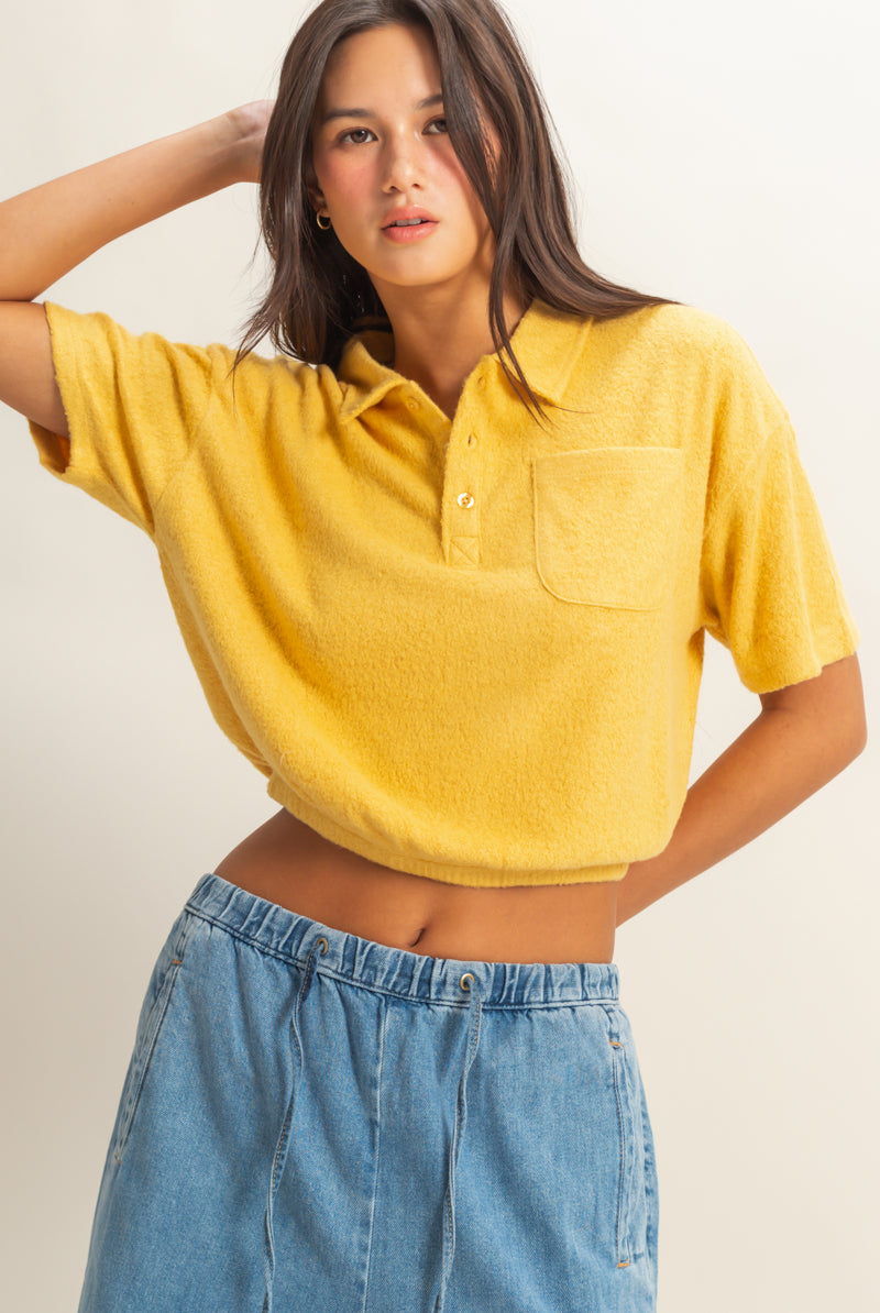 Wholesale Collared Short Sleeve Crop Top Clothing Tops DZ22A477 BUTTERSCOTCH DOUBLE ZERO