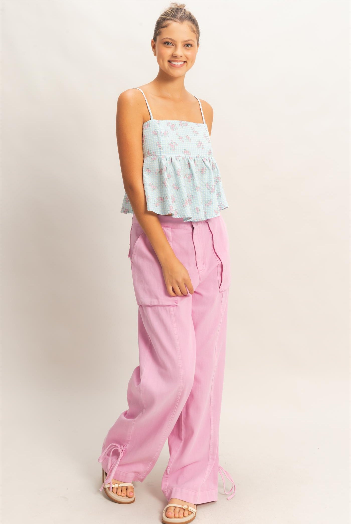 Wholesale High Rise Cargo Pants With Ankle Ties Pants DZ24C156 PINK DOUBLE ZERO