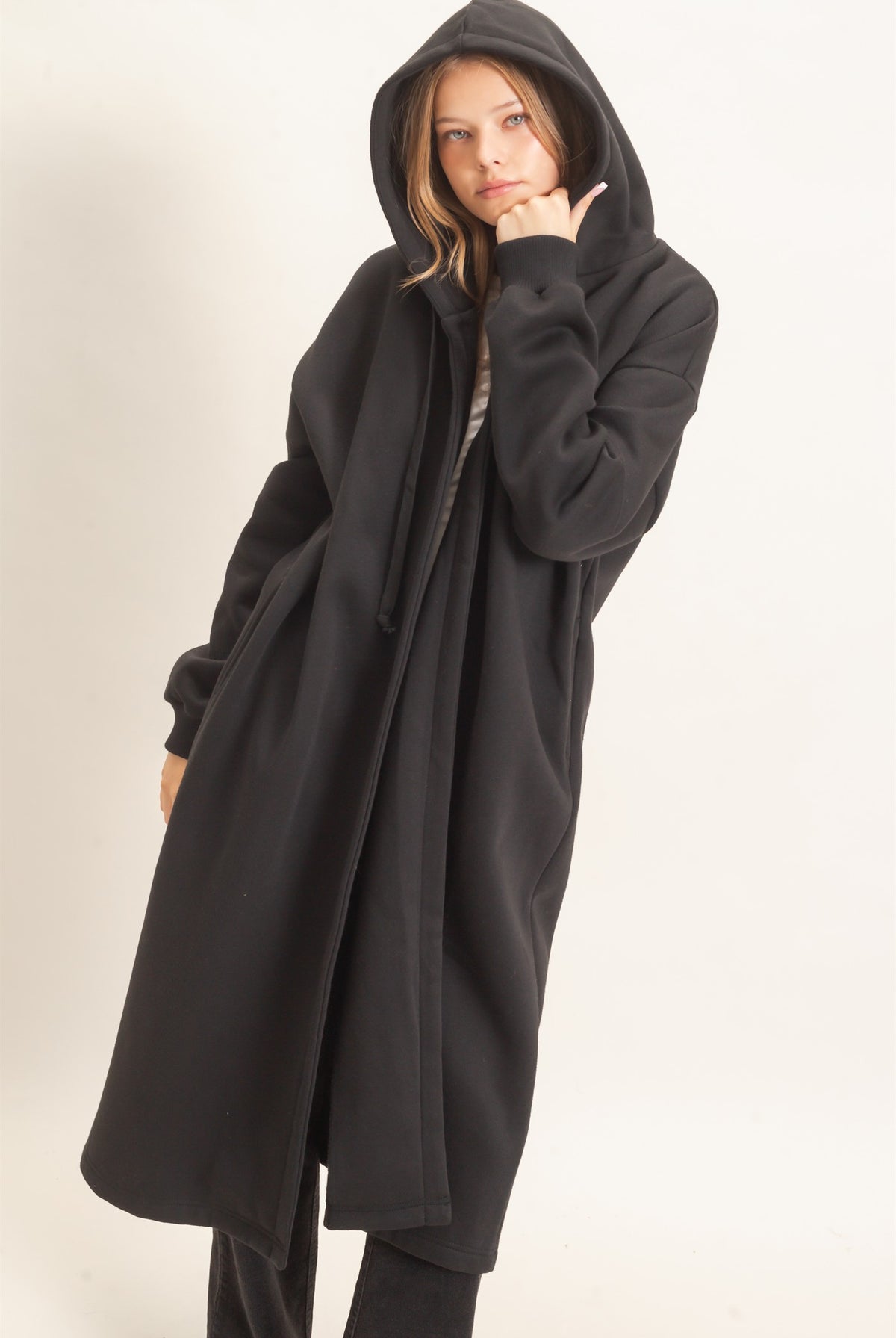 Wholesale Oversized Hooded Open Front Coat Coats & Jackets HF26F142-D BLACK HYFVE