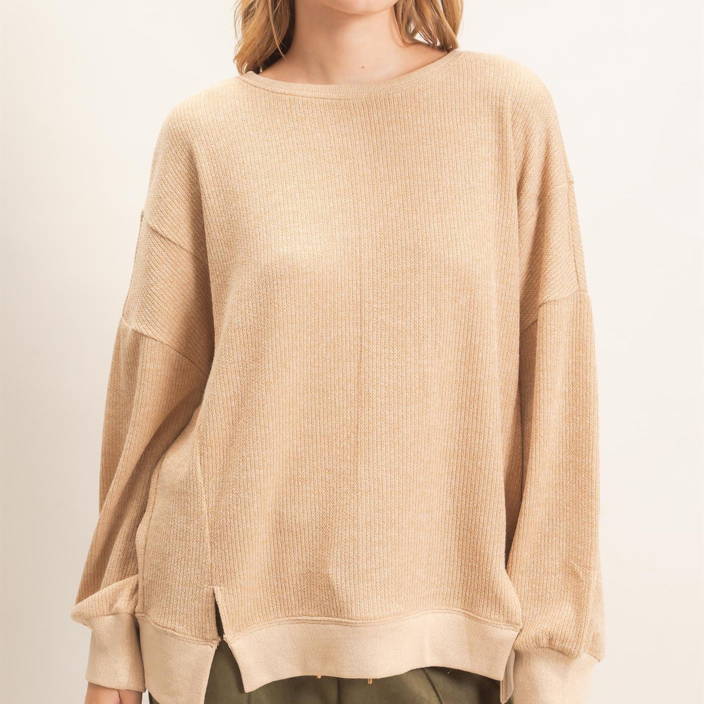Wholesale Ribbed Boat Neck Knit Top Clothing Tops HF26E852 CAMEL HYFVE