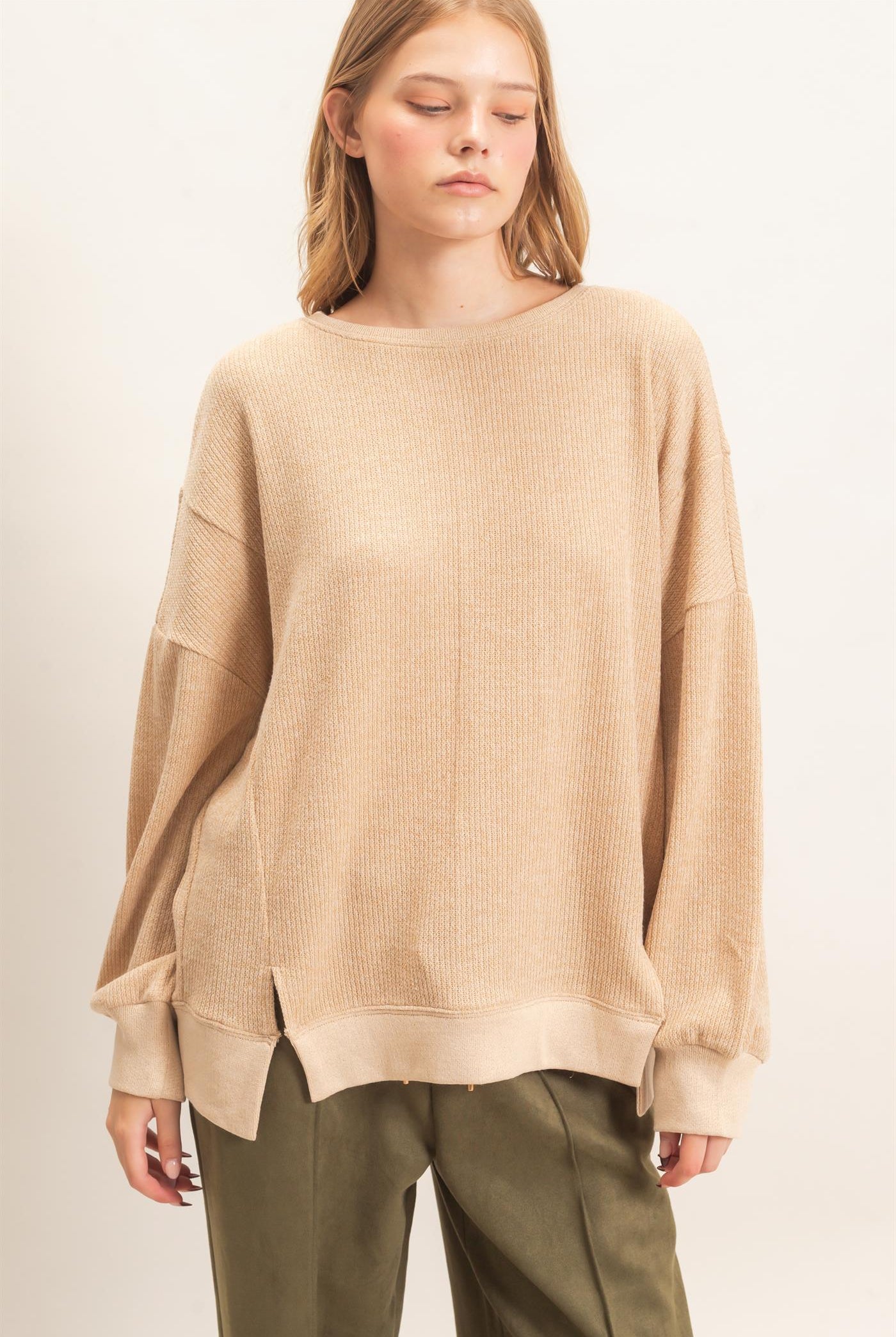 Wholesale Ribbed Boat Neck Knit Top Clothing Tops HF26E852 CAMEL HYFVE