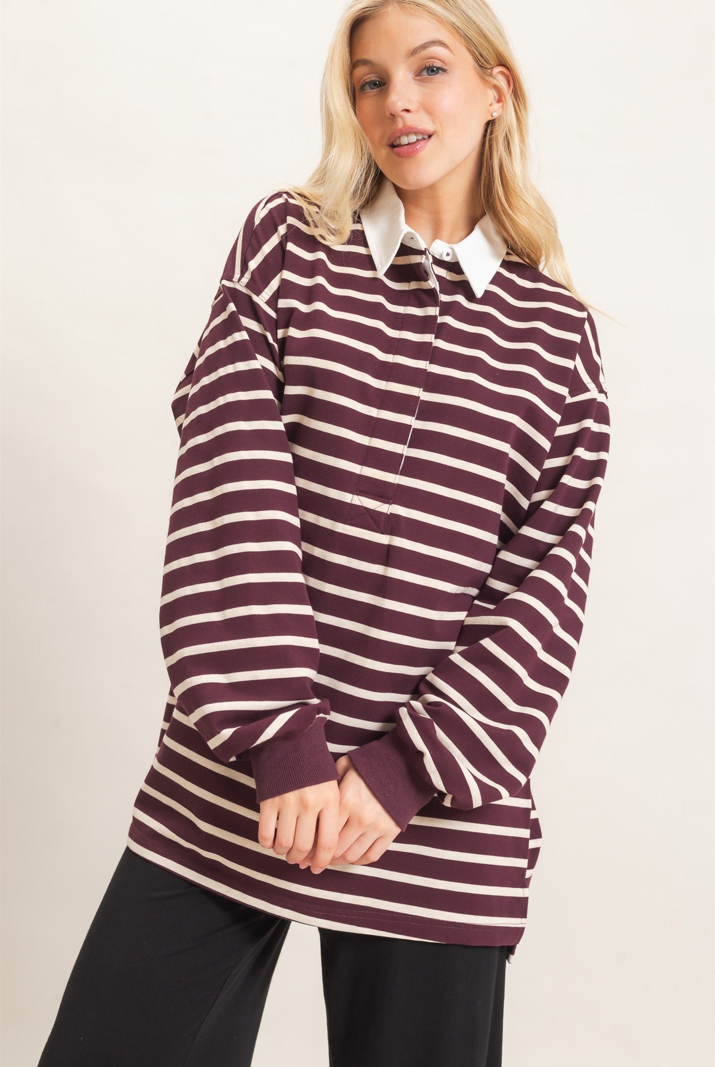 Wholesale Striped Polo Long Sleeve Top Clothing Tops HF26F078 RASPBERRY/ECRU HYFVE