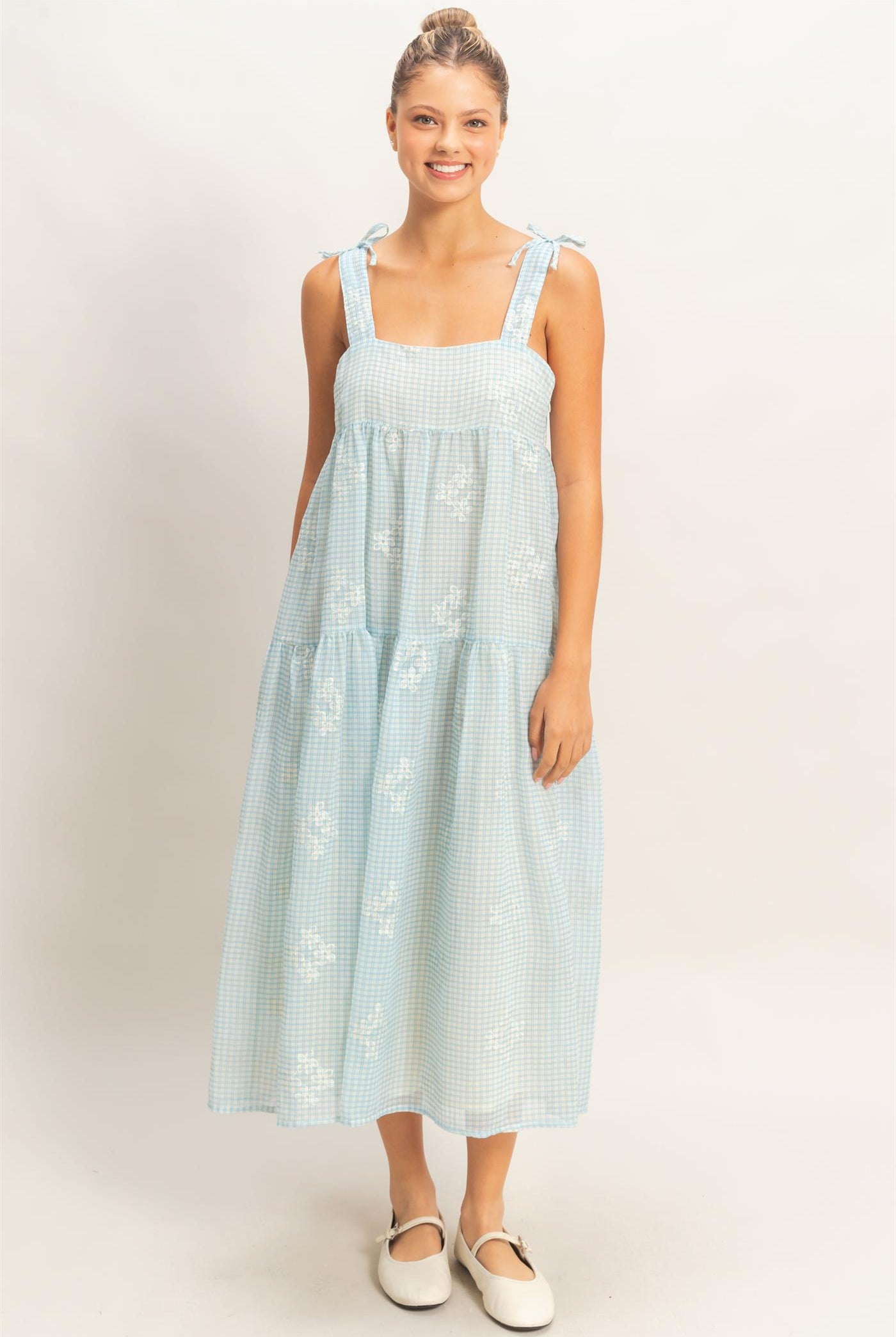 Wholesale Tiered Gingham Dress With Embroidery Dresses HF26A695 BLUE HYFVE