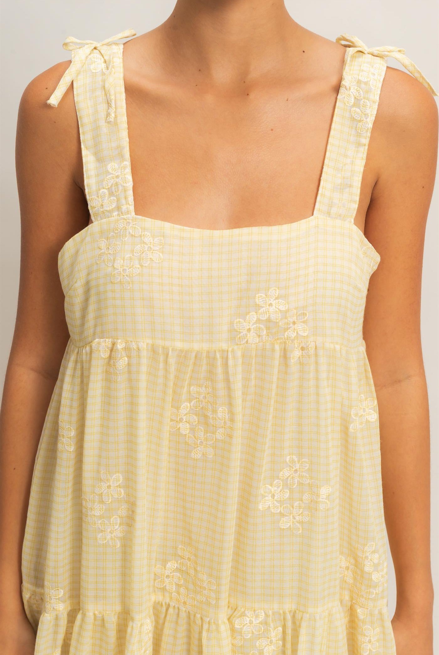Wholesale Tiered Gingham Dress With Embroidery Dresses HF26A695 YELLOW HYFVE