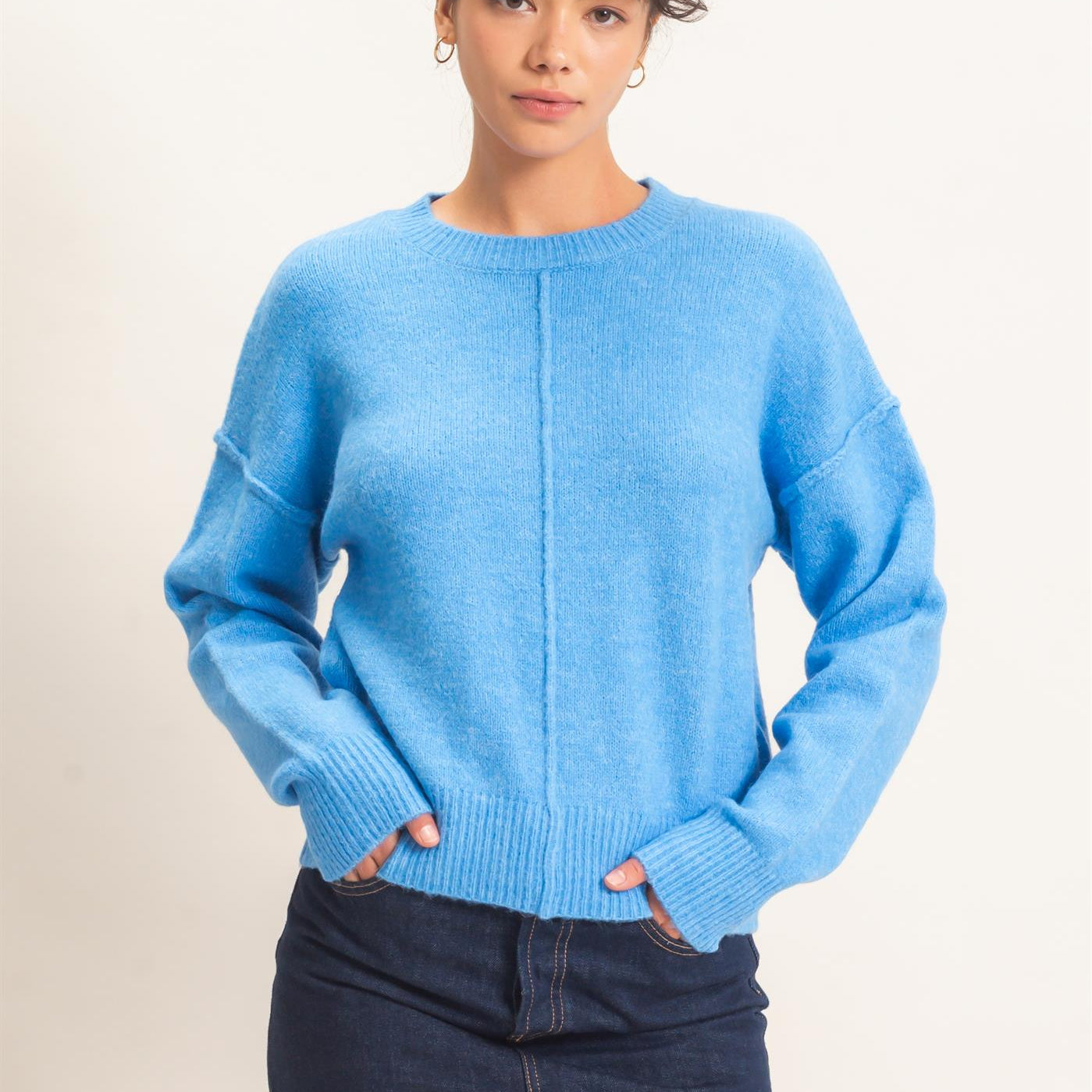 Wholesale Crew Neck Seam Detail Sweater Sweaters DZ26E240 BLUE DOUBLE ZERO