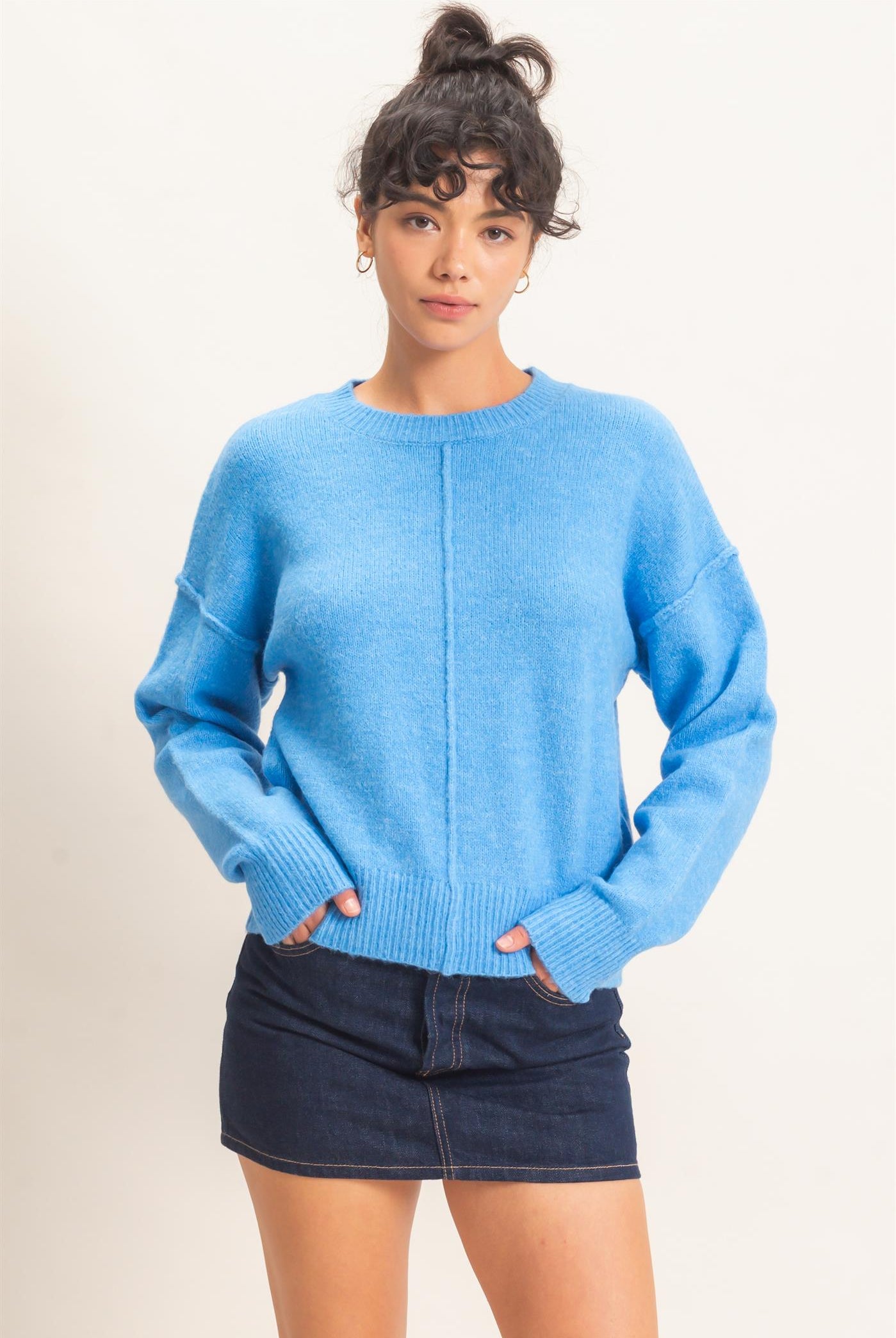 Wholesale Crew Neck Seam Detail Sweater Sweaters DZ26E240 BLUE DOUBLE ZERO