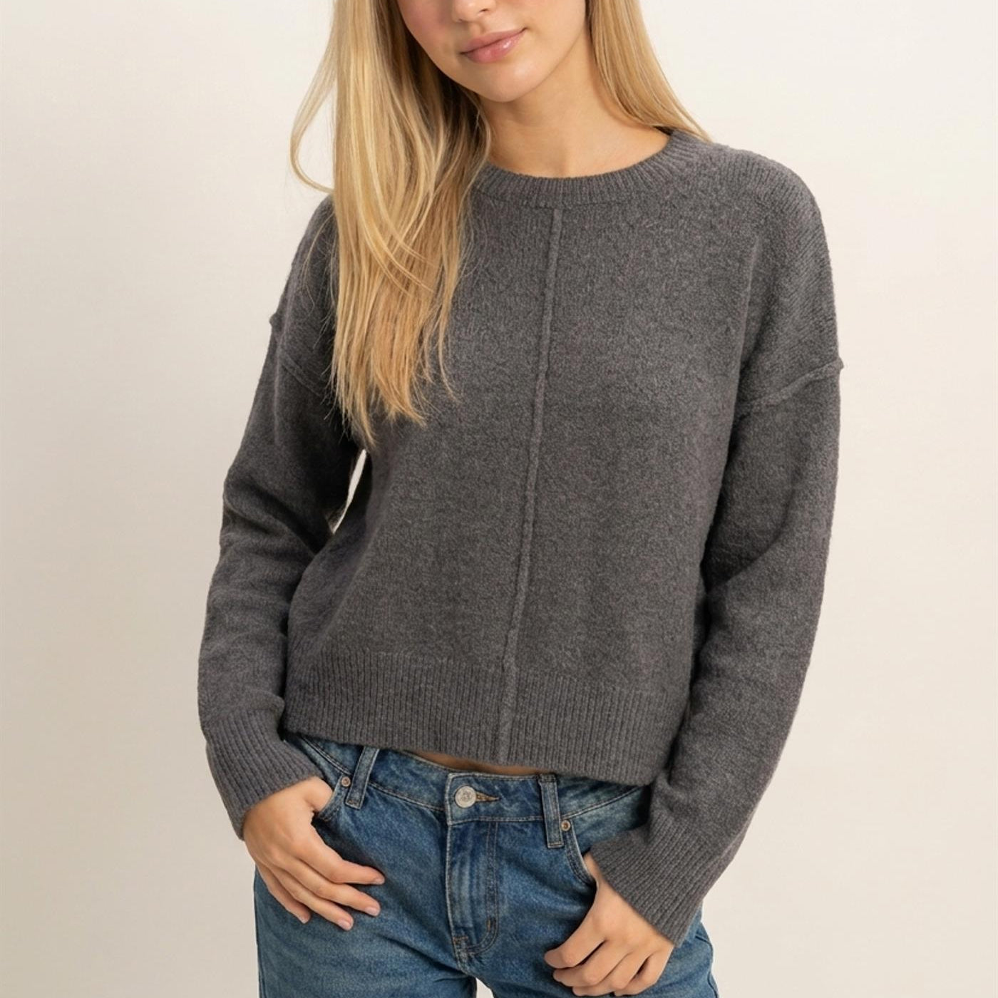 Wholesale Crew Neck Seam Detail Sweater Sweaters DZ26E240 CHARCOAL DOUBLE ZERO