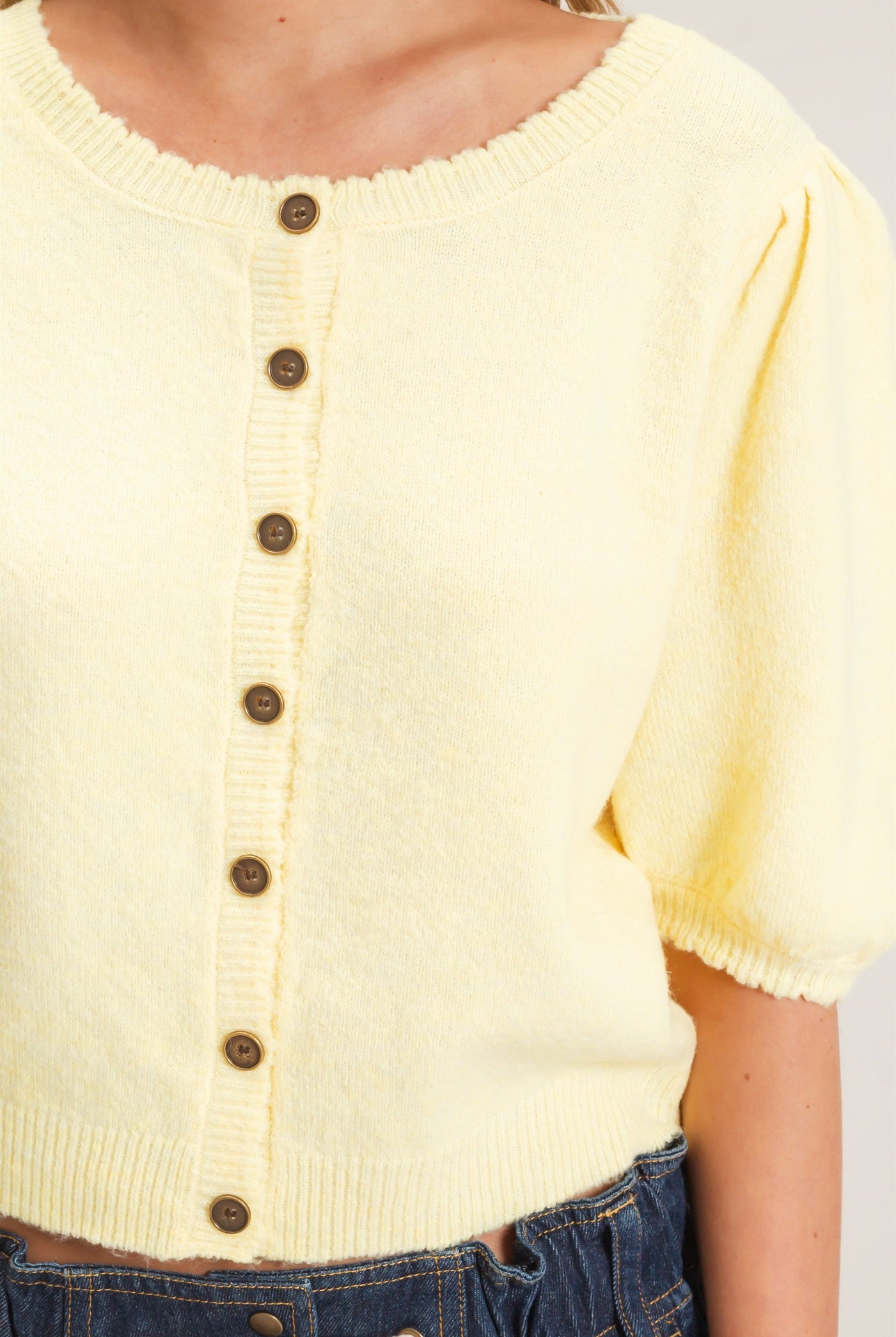Wholesale Button-Up Puff Sleeve Sweater Cardigan Cardigans HF26E165 PALE YELLOW HYFVE