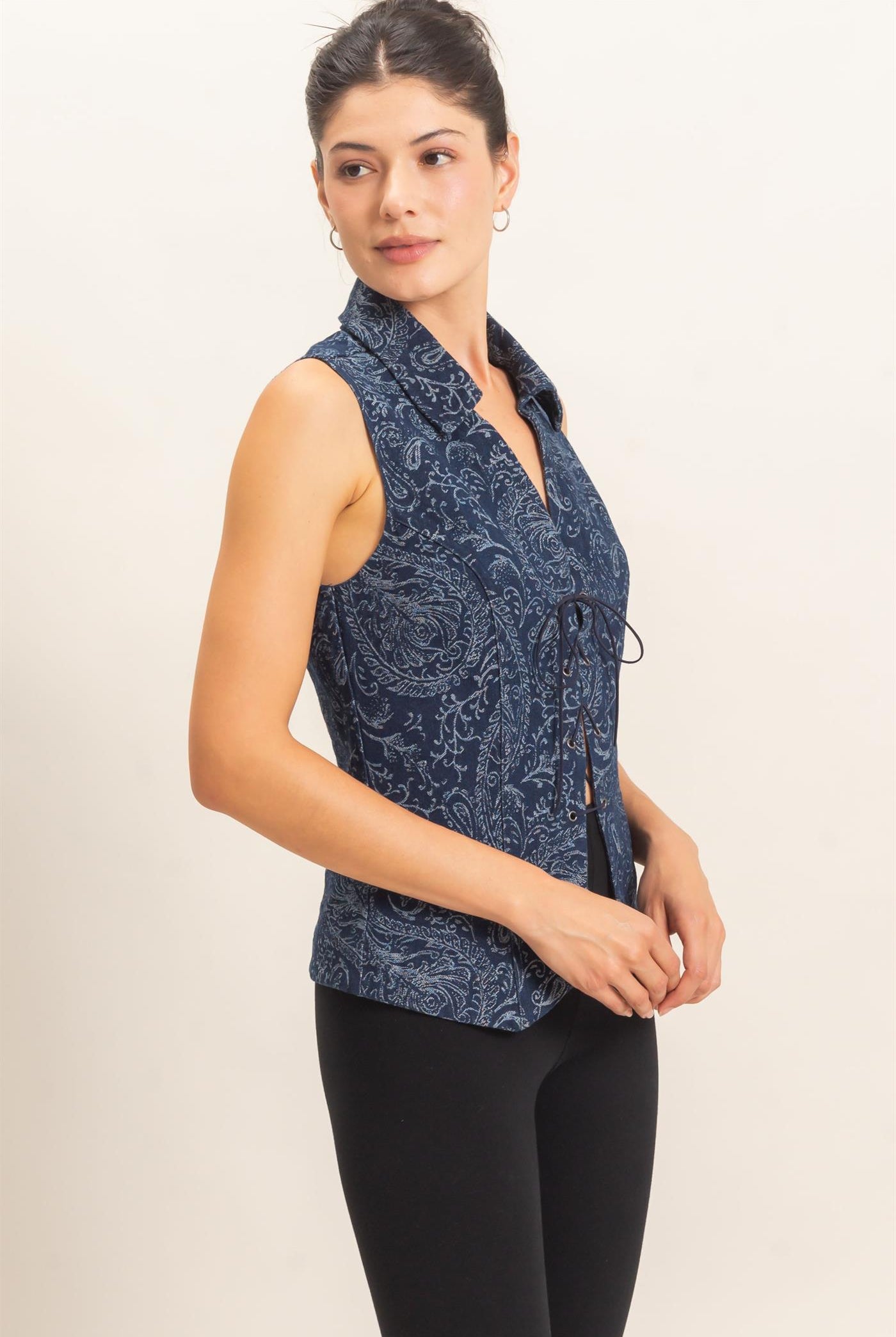 Wholesale Paisley Lace-Up Vest Clothing Tops HF26E171 NAVY HYFVE