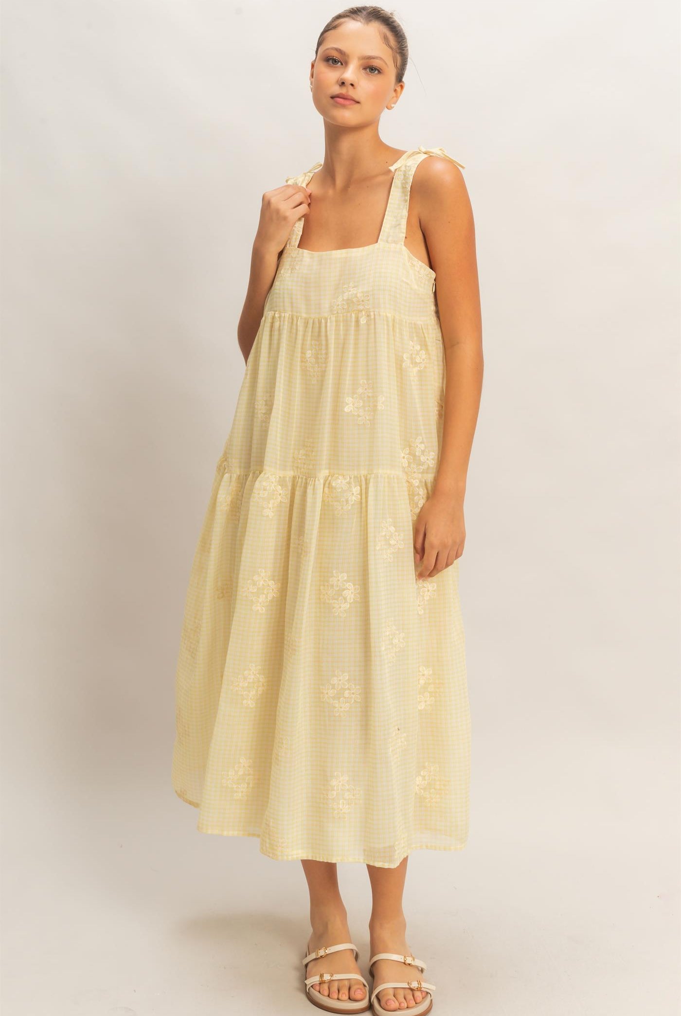 Wholesale Tiered Gingham Dress With Embroidery Dresses HF26A695 YELLOW HYFVE