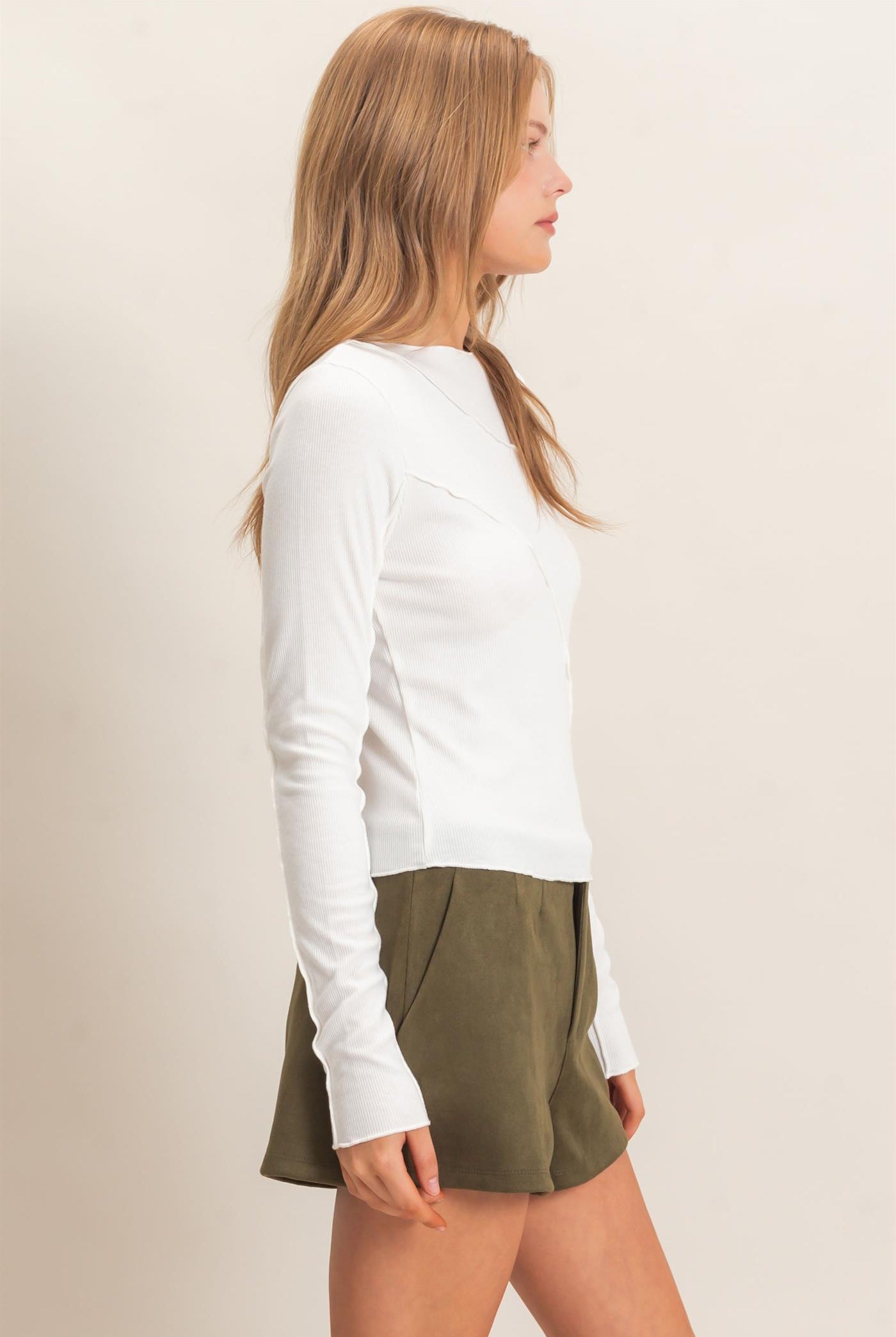Wholesale Ruffled Ribbed Long Sleeve Top Clothing Tops HF26F085 OFF WHITE HYFVE