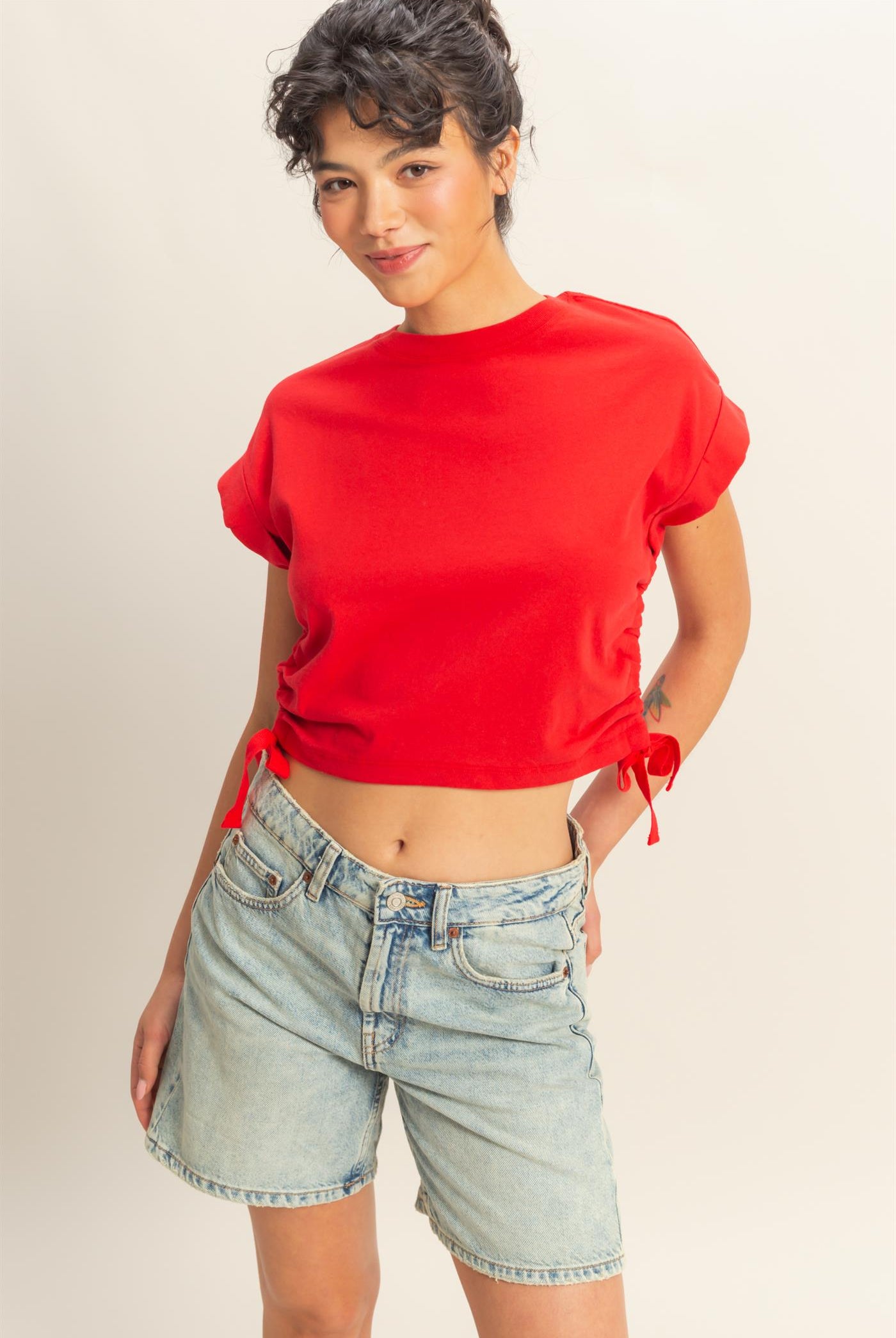 Wholesale Short Sleeve Side Tie Detail Top Clothing Tops DZ25C113 RED DOUBLE ZERO