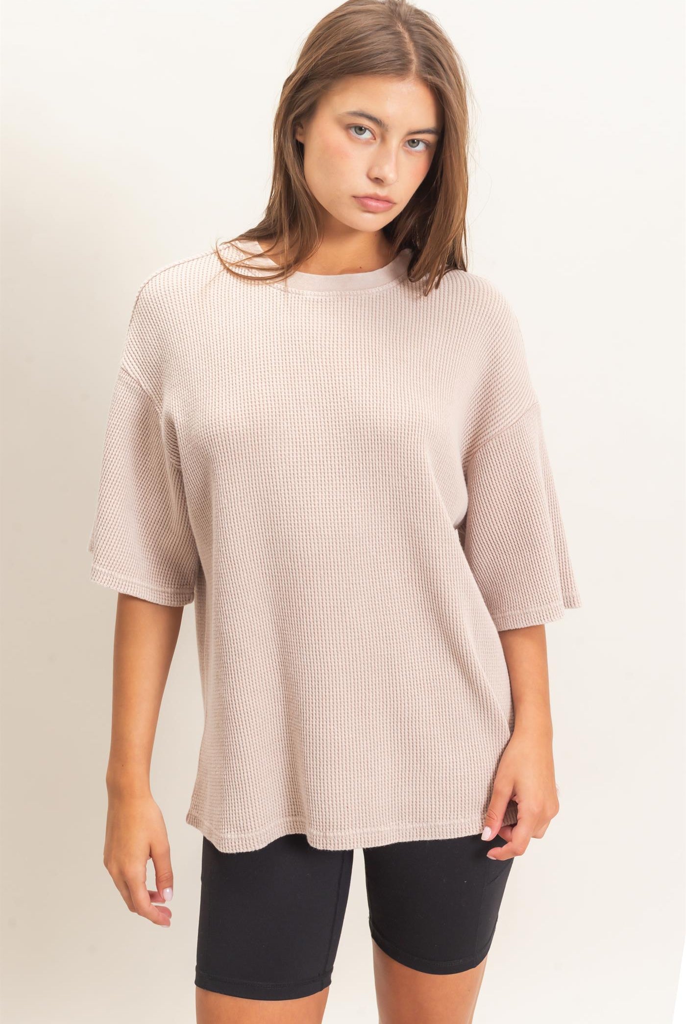 Wholesale Mineral Wash Waffle Crew Neck Short Sleeve Top Clothing Tops DZ26E328 LIGHT TAUPE DOUBLE ZERO