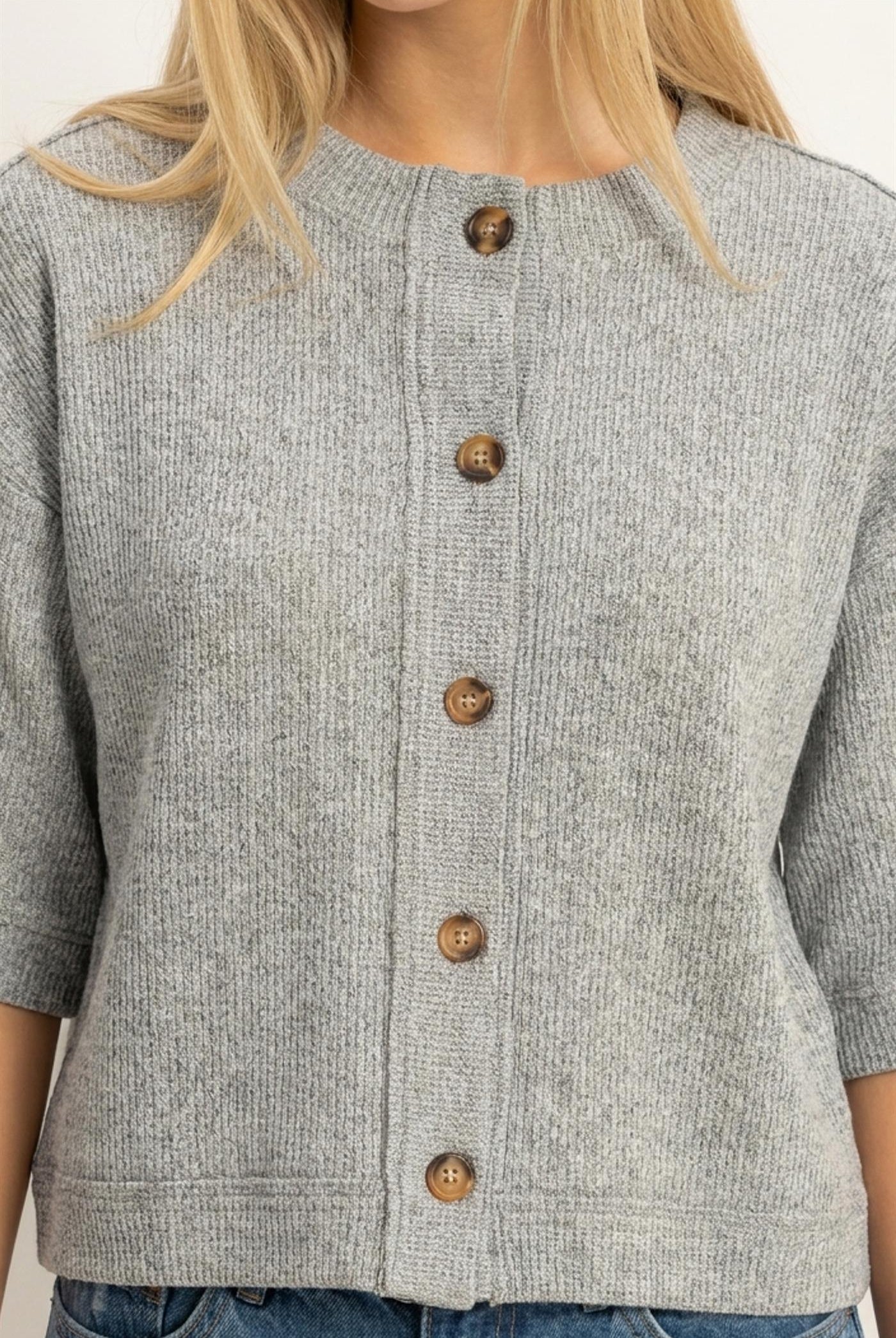 Wholesale Button-Down Short Sleeve Waffle Top Clothing Tops DZ26F244 HEATHER GRAY DOUBLE ZERO