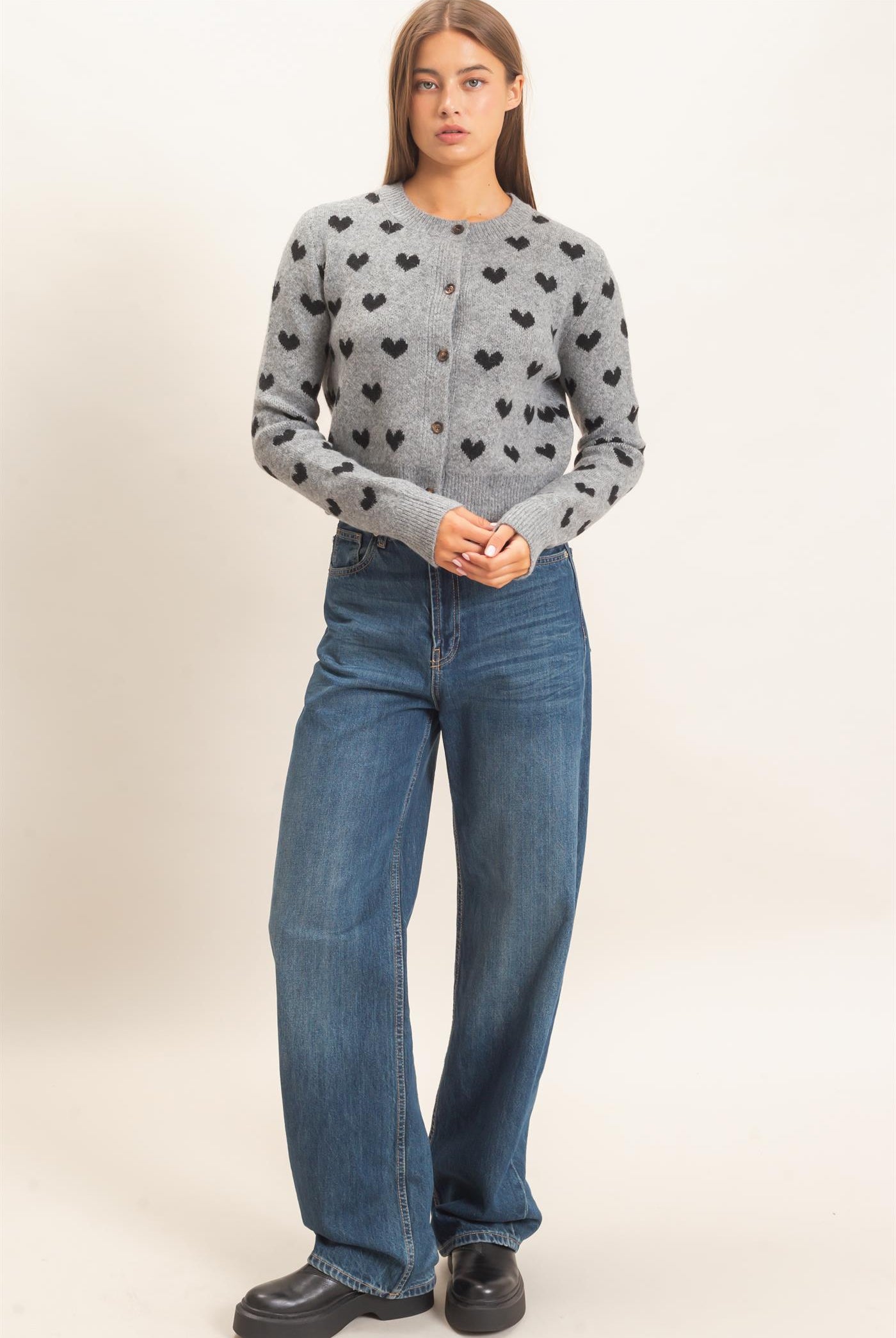 Wholesale Heart Pattern Cardigan Cardigans DZ26E320 HEATHER GRAY DOUBLE ZERO