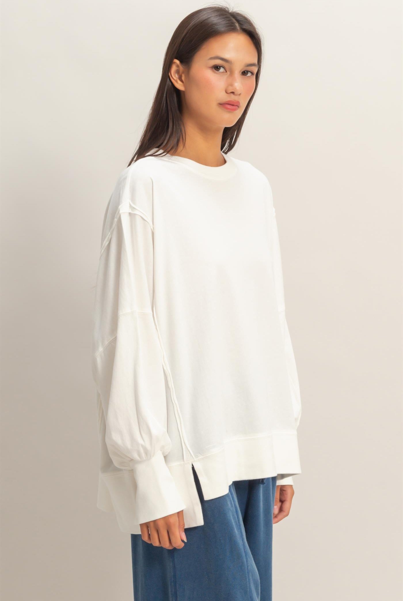 Wholesale Oversized Seam Detail Long Sleeve Top Sweatshirts DZ26C774 WHITE DOUBLE ZERO